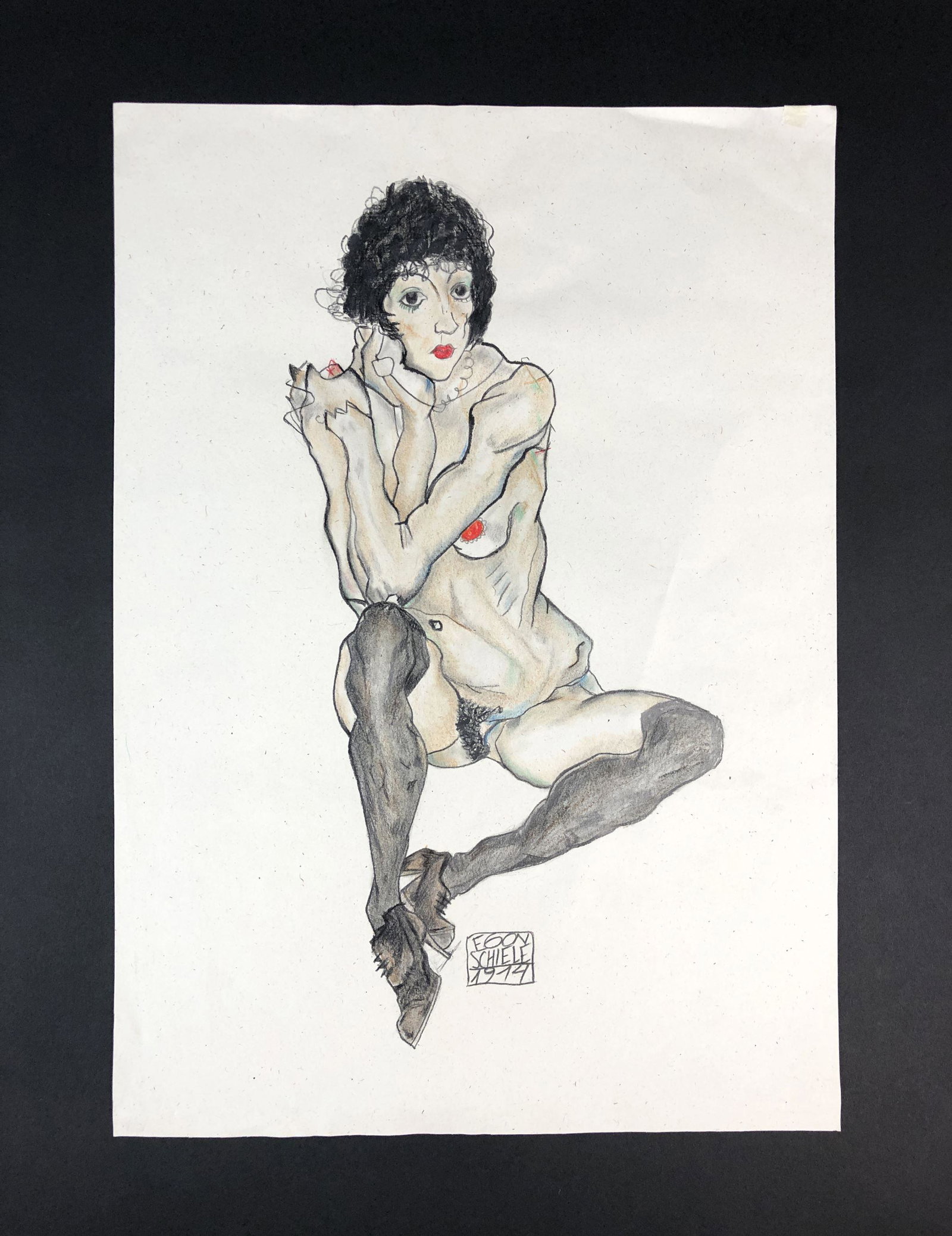 Egon Schiele (1890-1918) - Mixed Media on Paper: This lot consists of a graphite and colored pencil illustration on paper, done in the sensual, Art Nouveau style of Egon Schiele (Austrian, 1890-1918). "Egon Schiele 1914" is inscribed at bottom right
