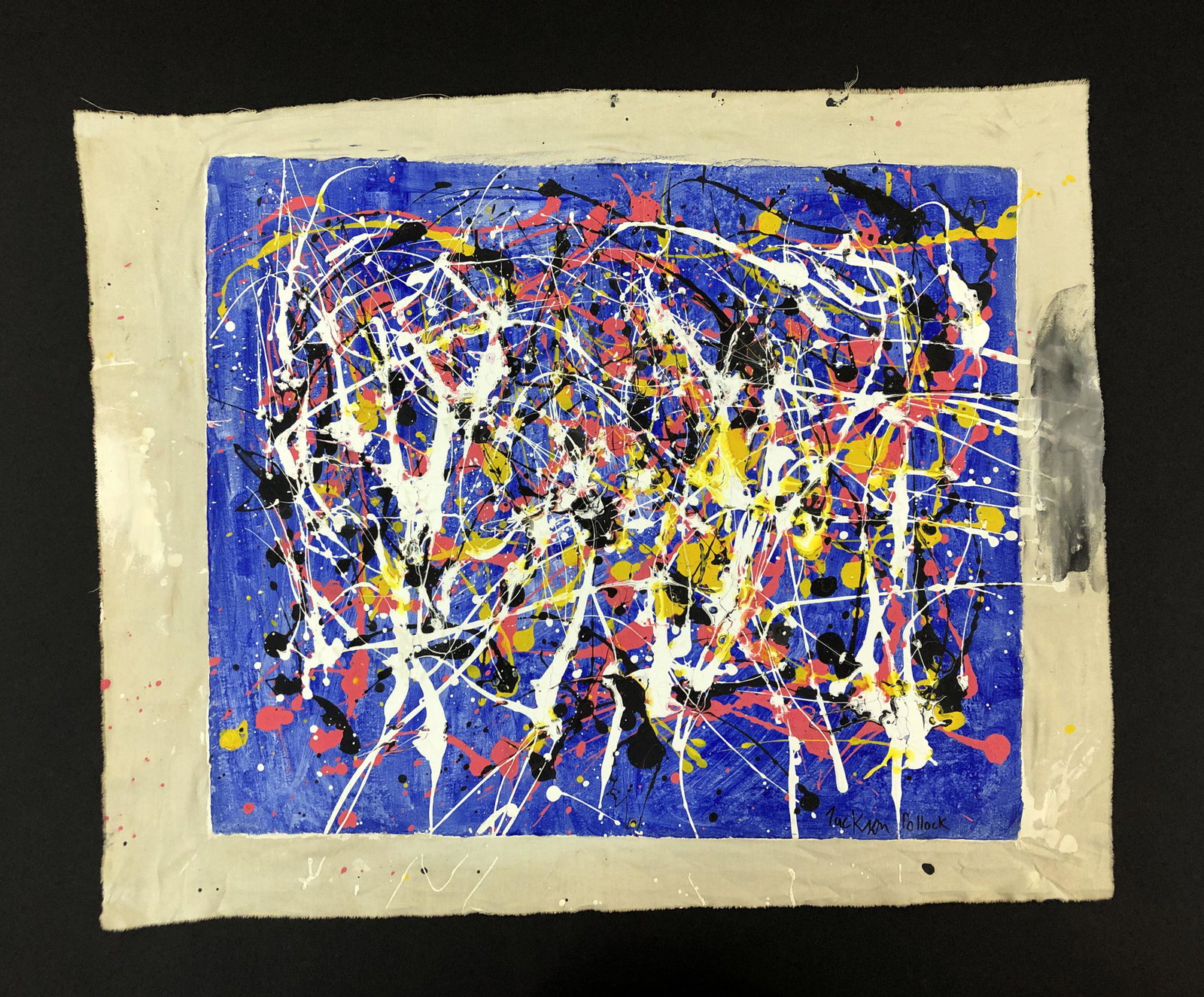 Jackson Pollock (1912-1956) -- Acrylic on Canvas: This lot consists of an acrylic painting on unstretched gessoed canvas, done in the modern, abstract expressionist style of Jackson Pollock (American, 1912-1956). "Jackson Pollock" is hand written at