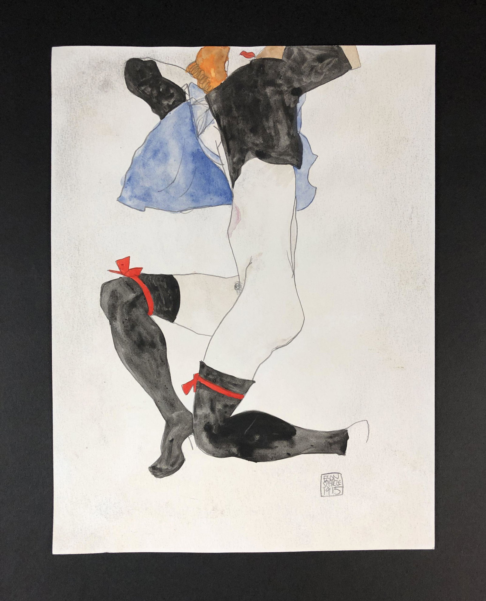 Egon Schiele (1890-1918) - Mixed Media on Paper: This lot consists of a graphite and watercolor illustration on paper, done in the sensual, Art Nouveau style of Egon Schiele (Austrian, 1890-1918). "Egon Schiele 1915" is inscribed at bottom right. Im