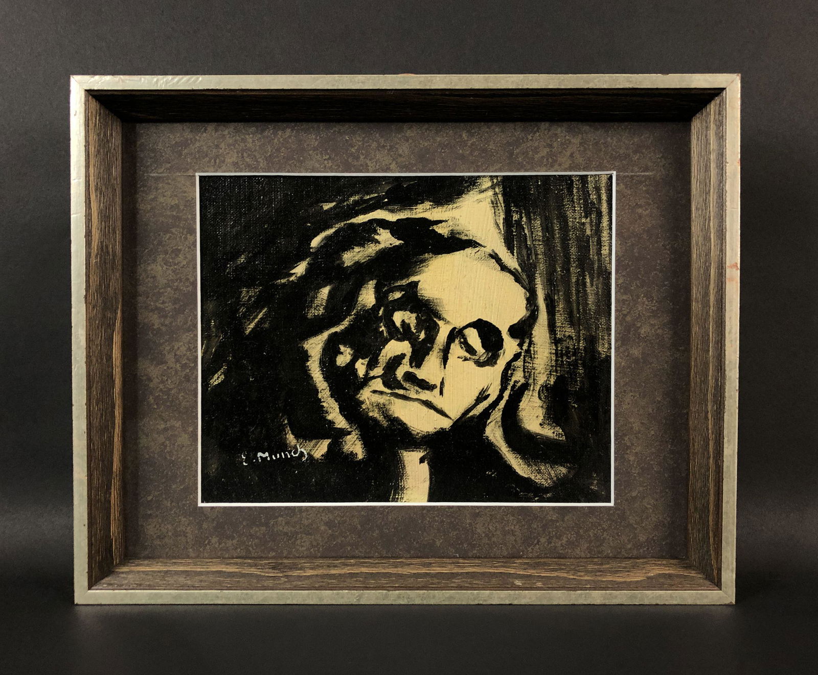 Edvard Munch (Norwegian, 1863-1944) - Oil on Canvas: This lot consists of an oil painting, done in the haunting Expressionist style of Edvard Munch (Norwegian, 1863-1944). A hand-painted inscription at lower left corner reads, "E. Munch". Framed measure
