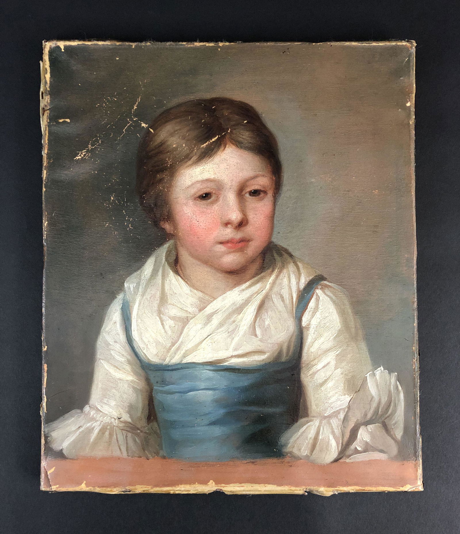 Jean-Baptiste "J.B." Greuze (French, 1725-1805) - Oil: This lot consists of a masterful oil painting on velum, done in the nuanced, expressive style of Jean-Baptiste "J.B." Greuze (French, 1725-1805). Reverse side of piece features a tiny handwritten insc