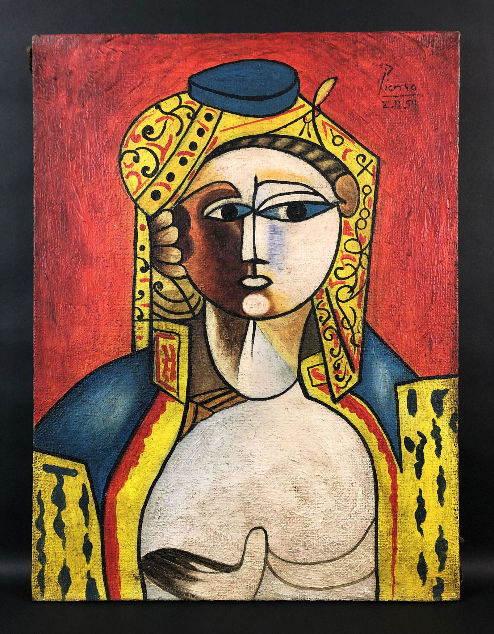 Pablo Picasso (1881-1973) - Oil on Burlap Canvas: This lot consists of an unframed oil painting on stretched gessoed burlap canvas, rendered in the Synthetic Cubism style of Pablo Picasso (Spanish, 1881-1973). A hand-painted inscription at upper righ