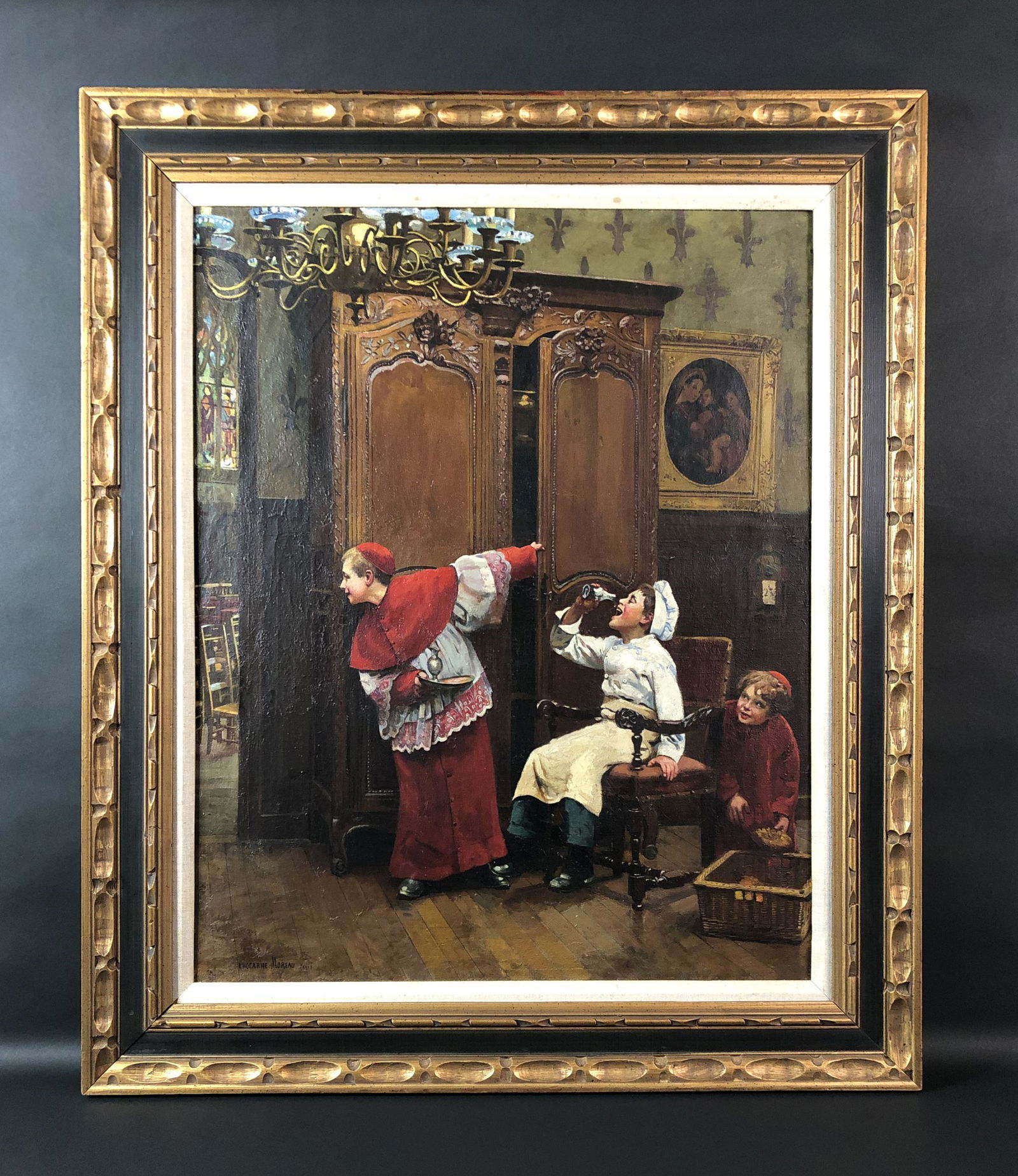 Paul Charles Chocarne-Moreau (1855-1931) - Painting: This lot consists of a large framed oil on canvas, executed in the realist style of Paul Charles Chocarne-Moreau (French, 1855 - 1931). Hand inscription at lower left reads "Chocarne Moreau Paris". Im