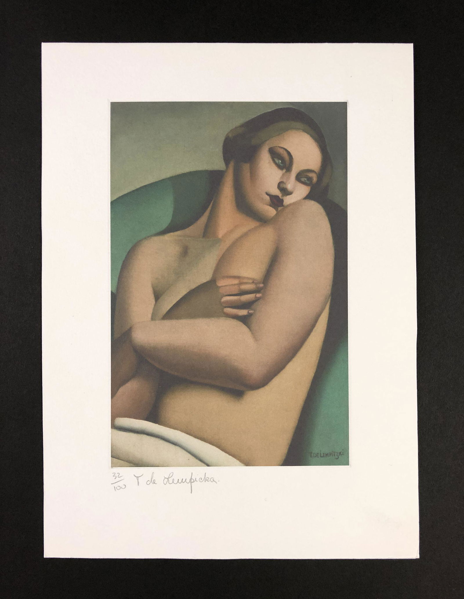 Tamara de Lempicka (1898 - 1980) - Fine Art Print: This lot consists of a fine art print on paper, executed in the style of Tamara de Lempicka (Polish, 1898-1980). Hand-numbered and inscribed in graphite at bottom of composition, "32/100. T de Lempick