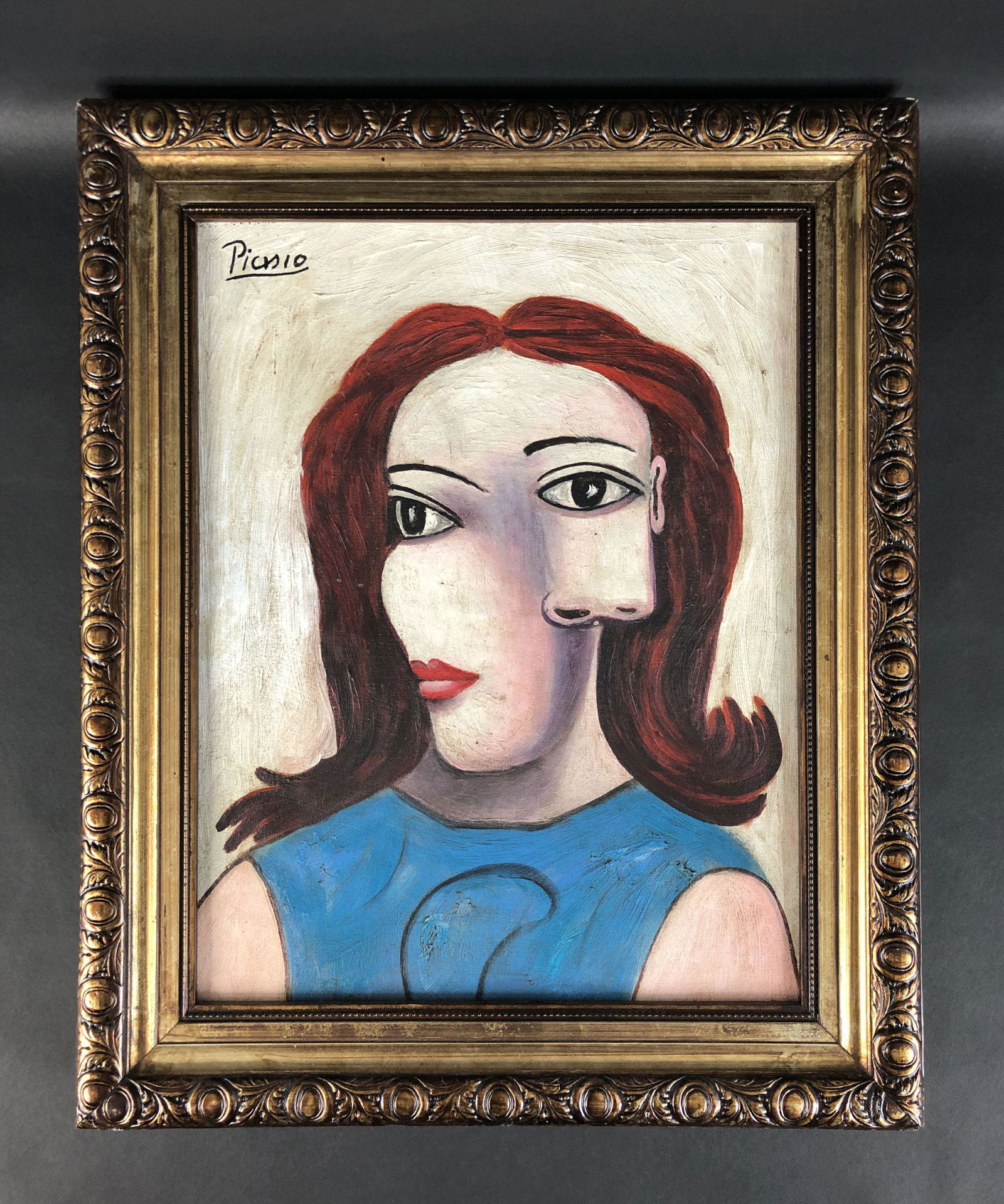 Pablo Picasso (Spanish, 1881-1973) - Oil on Canvas: This lot consists of a framed oil painting on canvas, rendered in the style of Pablo Picasso (Spanish, 1881-1973). A hand-painted inscription at top left reads, "Picasso". This Cubist image depicts a