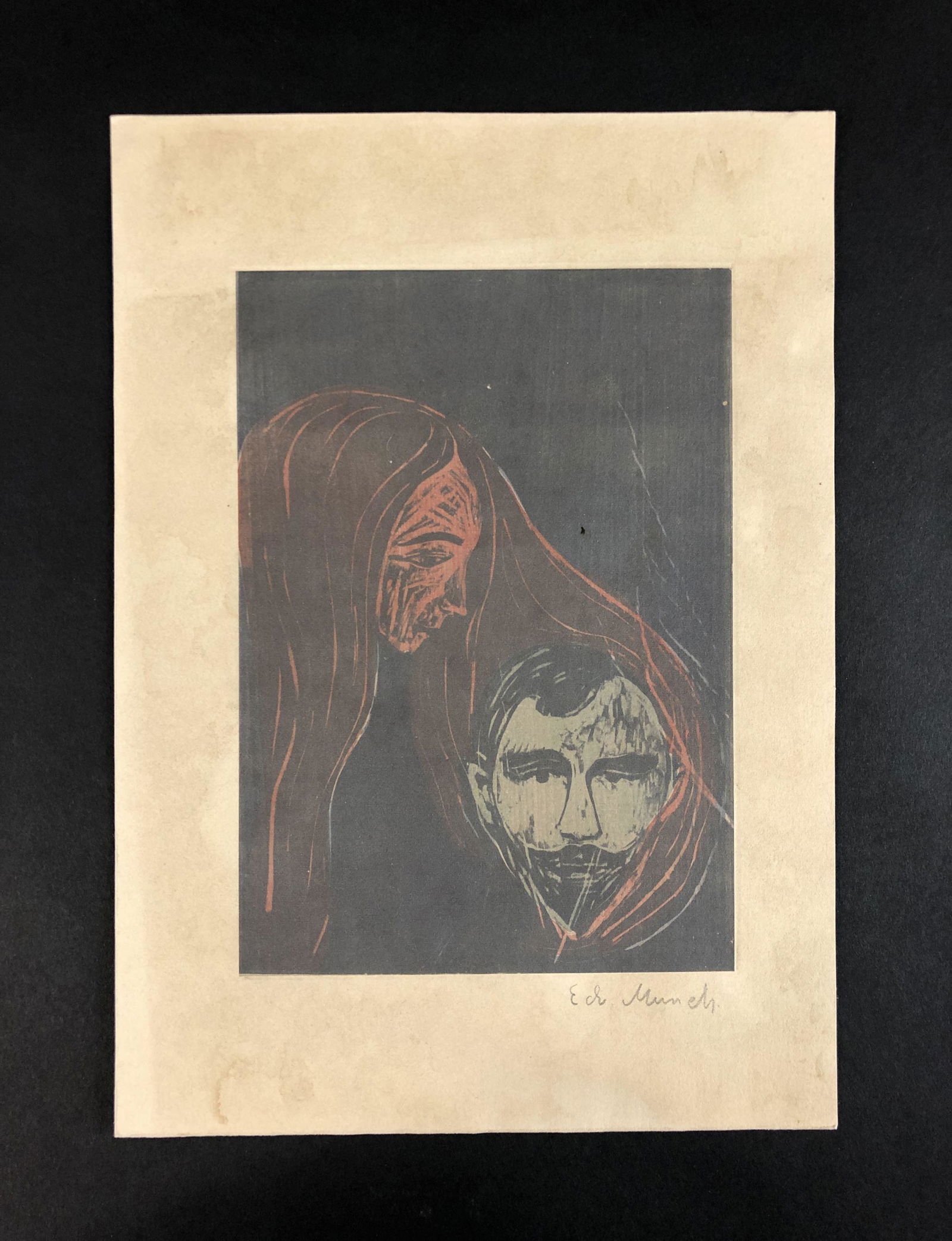 Edvard Munch (Norwegian, 1863-1944) - Fine Art Print on: This lot consists of a fine art print on paper, done in the haunting Expressionist style of Edvard Munch (Norwegian, 1863-1944). A graphite inscription at lower right corner reads, "Edv. Munch". Unfra