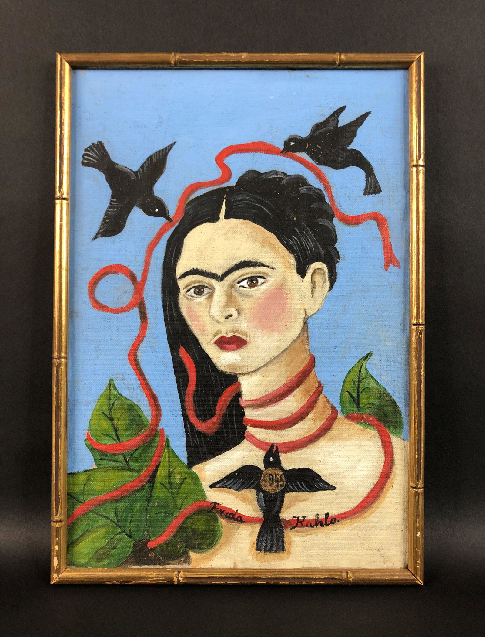 Frida Kahlo (Mexican, 1907-1954) - Acrylic on Canvas: This lot consists of a graphite illustration on paper, done in the modern style of Frida Kahlo (Mexican, 1907-1954). "Frida Kahlo" is hand painted at bottom of painting. This beautifully detailed imag