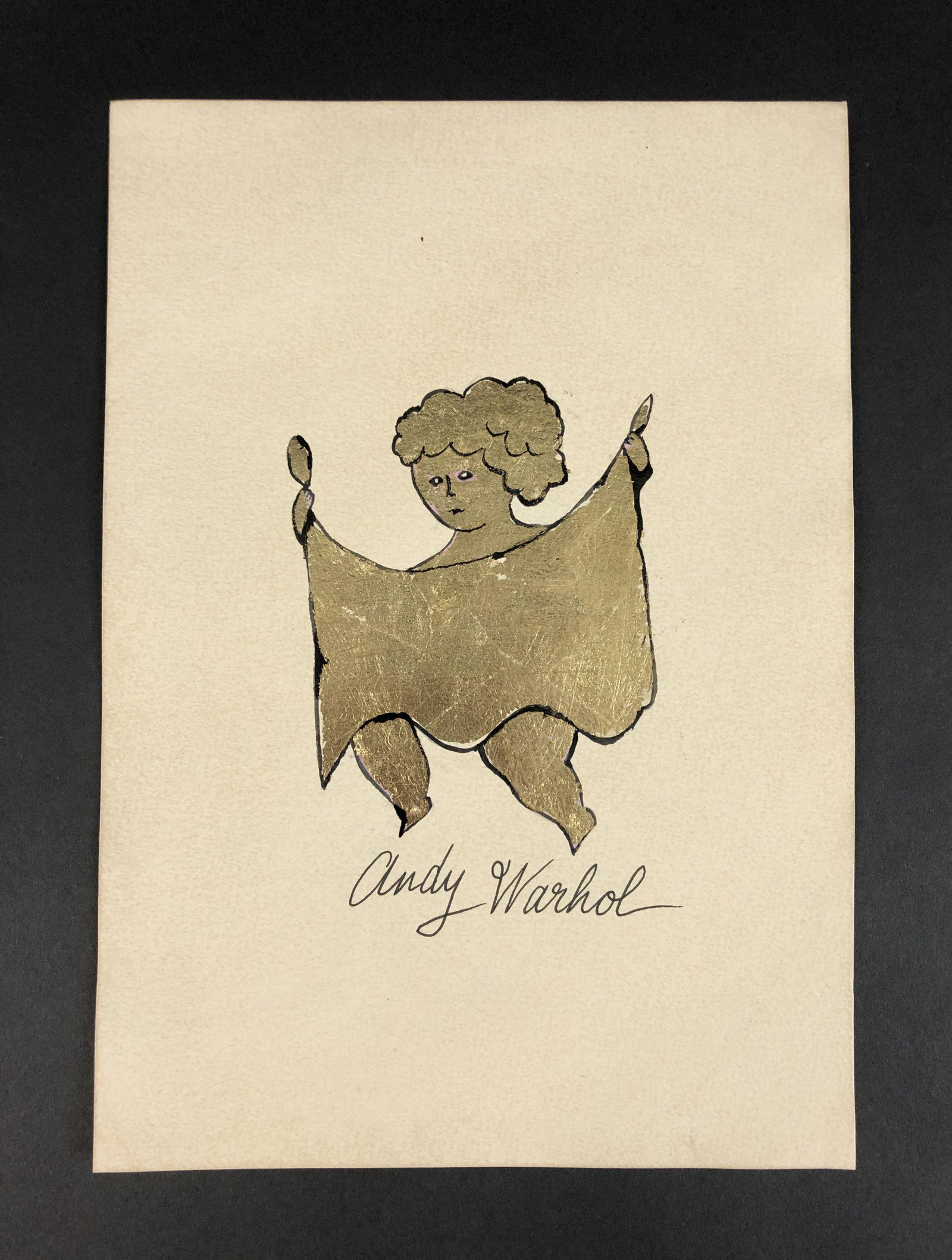 Andy Warhol (American, 1928-1987) - Mixed Media: This lot consists of an ink and gold foil illustration on paper, done in the Pop Art style of Andy Warhol (American, 1928-1987). "Andy Warhol" is inscribed with ink at bottom of composition. This mode