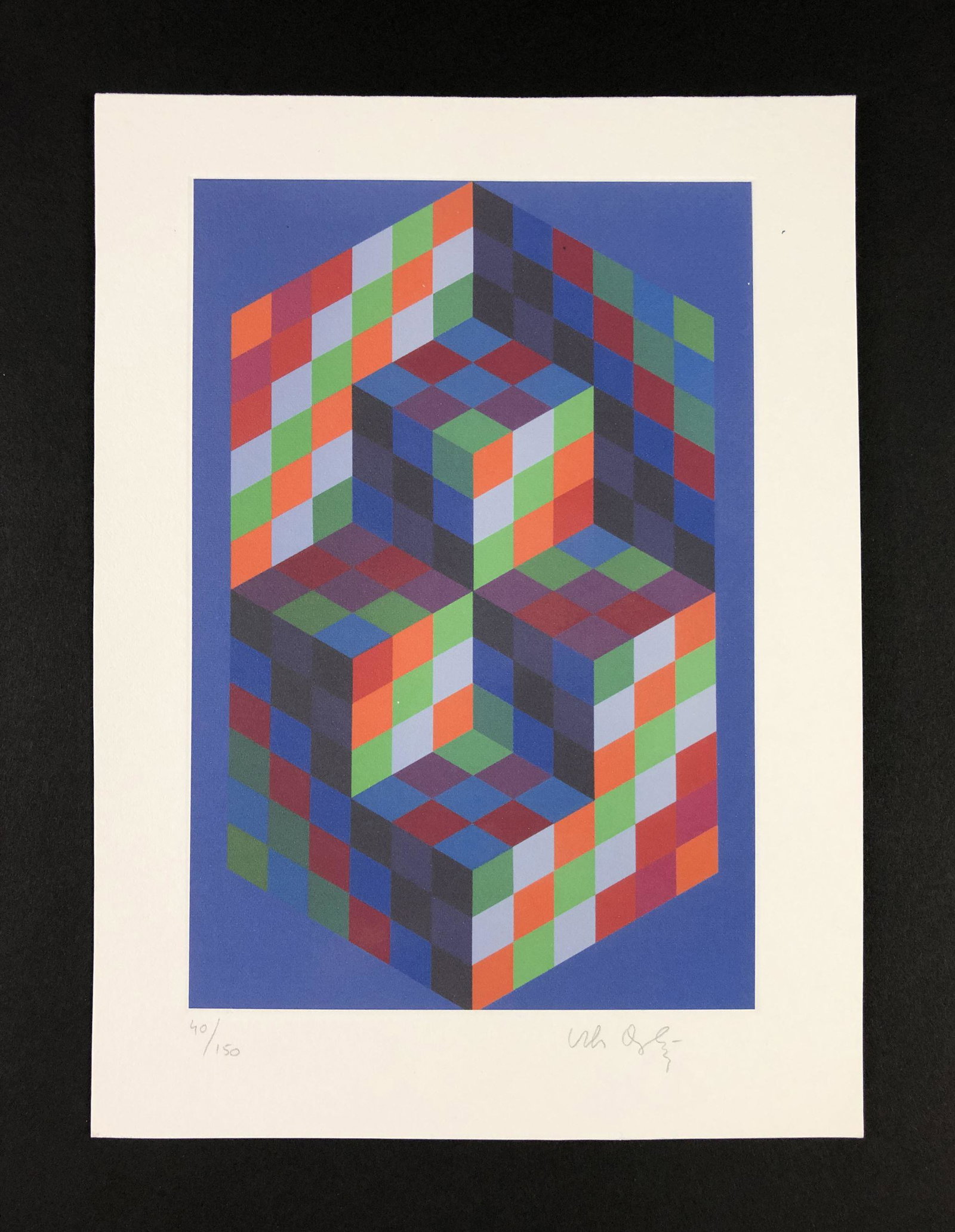 Victor Vasarely (1906 - 1997) - Fine Art Print: This lot consists of a fine art print on paper, executed in the style of Vasarely (Hungarian, 1906-1997). Graphite inscription at bottom of composition reads, "40/150. Victor Vasarely". This geometric