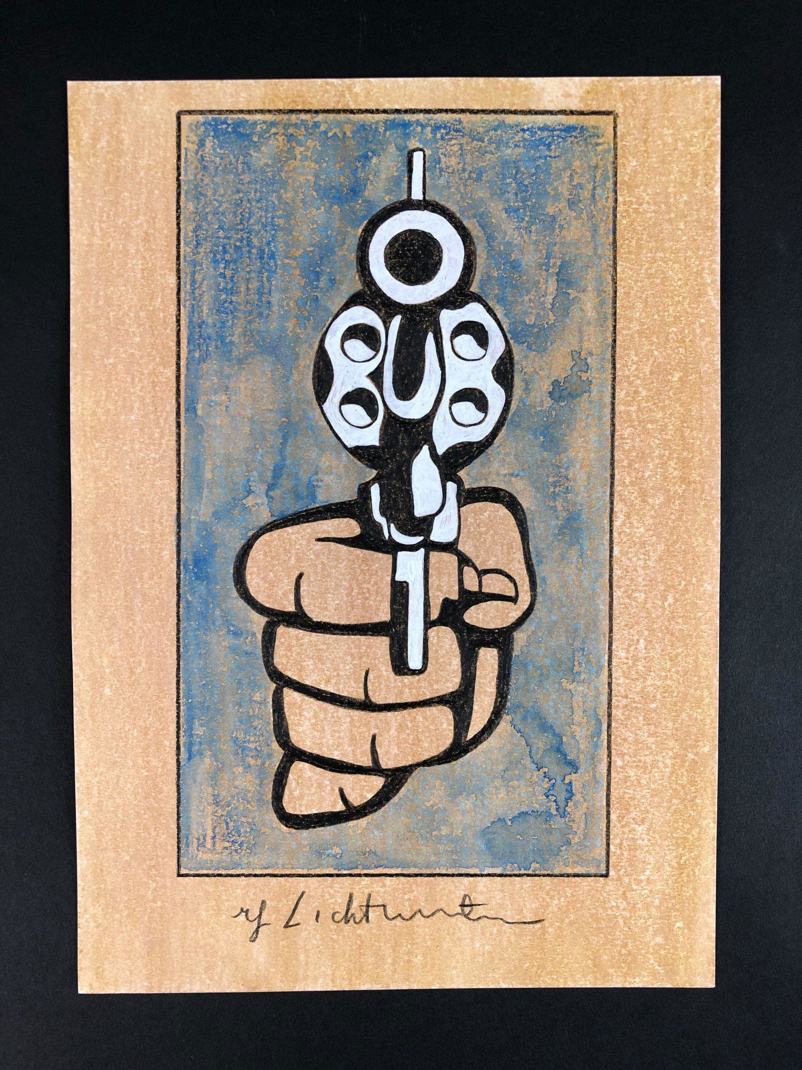 Roy Lichtenstein (1923-1997) - Mixed Media Drawing: This lot consists of a gouache and colored pencil illustration on paper, executed in the pop art style of modern artist Roy Lichtenstein (American, 1923-1997). "Roy Lichtenstein" is hand written in gr