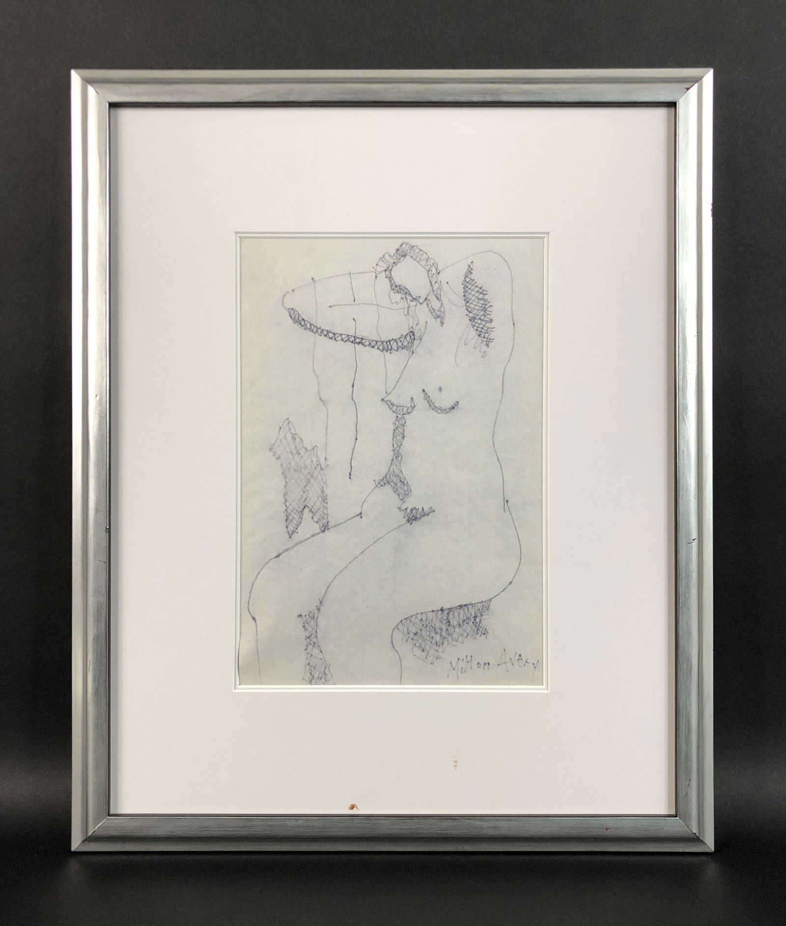 Milton Avery (American, 1885-1965) - Ink on Paper: This lot consists of an ink illustration on paper, done in the naive art style of Milton Avery (American, 1885-1965). Carefully framed under protective glass. A handwritten inscription at lower right