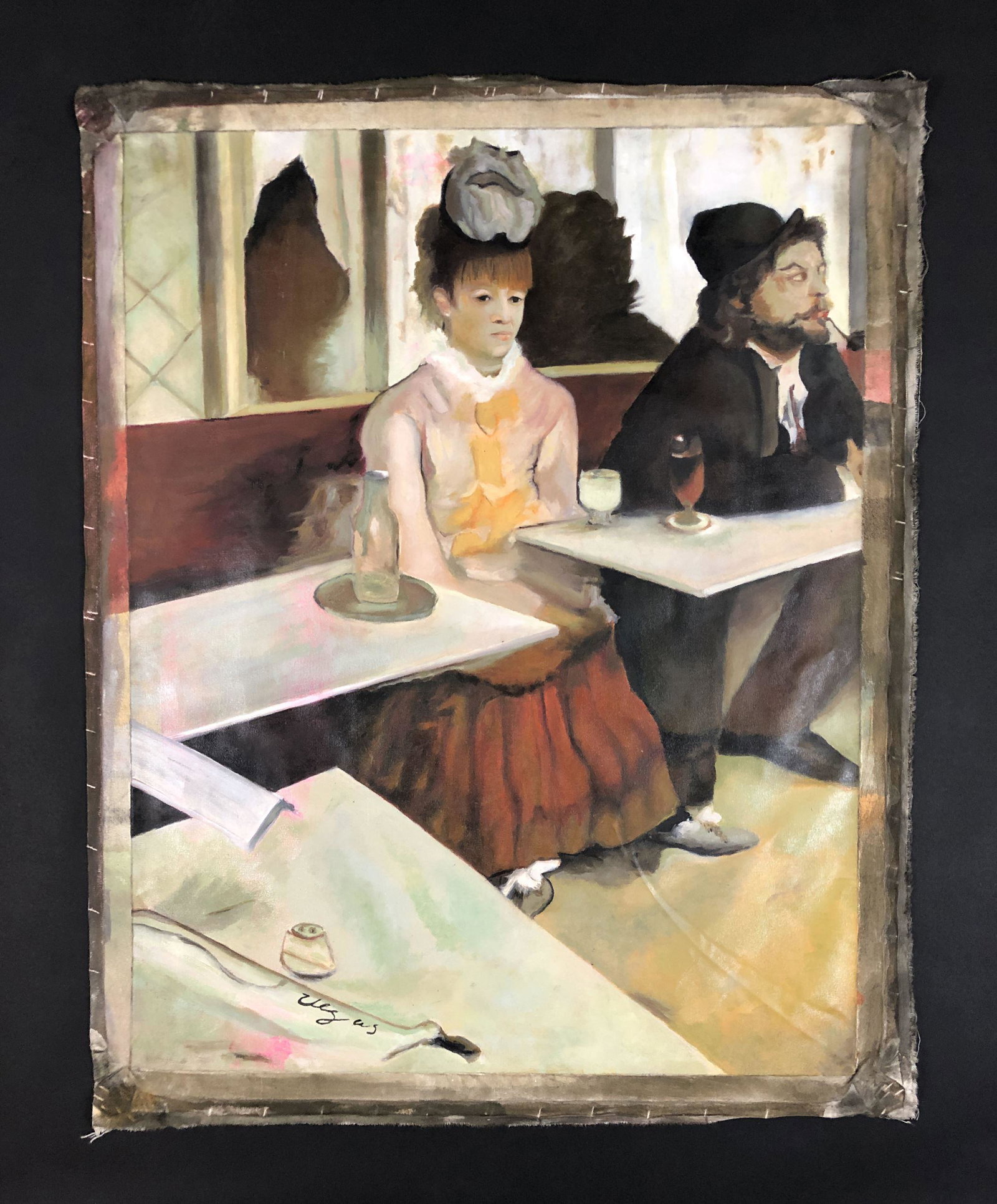 Edgar Degas (French, 1834-1917) - Oil on Canvas: This lot consists of an oil painting on unstretched canvas, done in the soft, tasteful style of Edgar Degas (French, 1834-1917). "Degas" is hand-painted at lower left. Image depicts a beautiful woman,