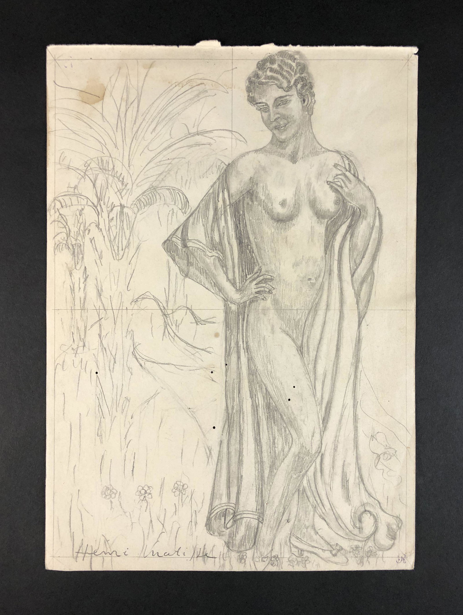 Henri Matisse (French, 1869-1954) - Fine Art Print on: This lot consists of a graphite illustration on paper, rendered in the modern style of Fauvist painter Henri Matisse (French, 1869-1954). A handwritten inscription at lower left reads, "Henri Matisse"