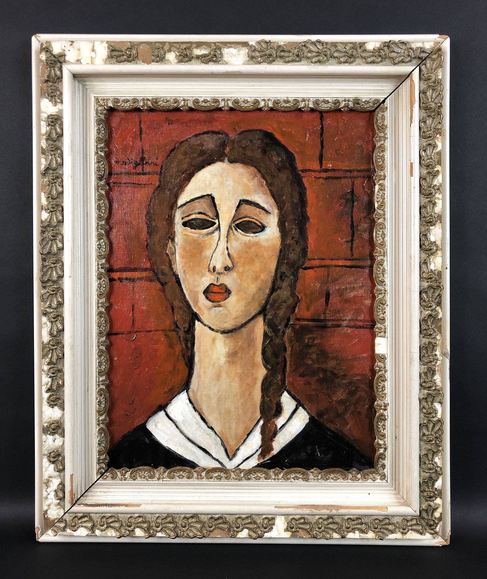 Amedeo Modigliani (Italian, 1884-1920) - Oil on Canvas: This lot consists of an framed oil on canvas board, rendered in the modern style of artist Amedeo Modigliani (Italian, 1884-1920). "Modigliani" is hand-written at top left. Image depicts a young woman