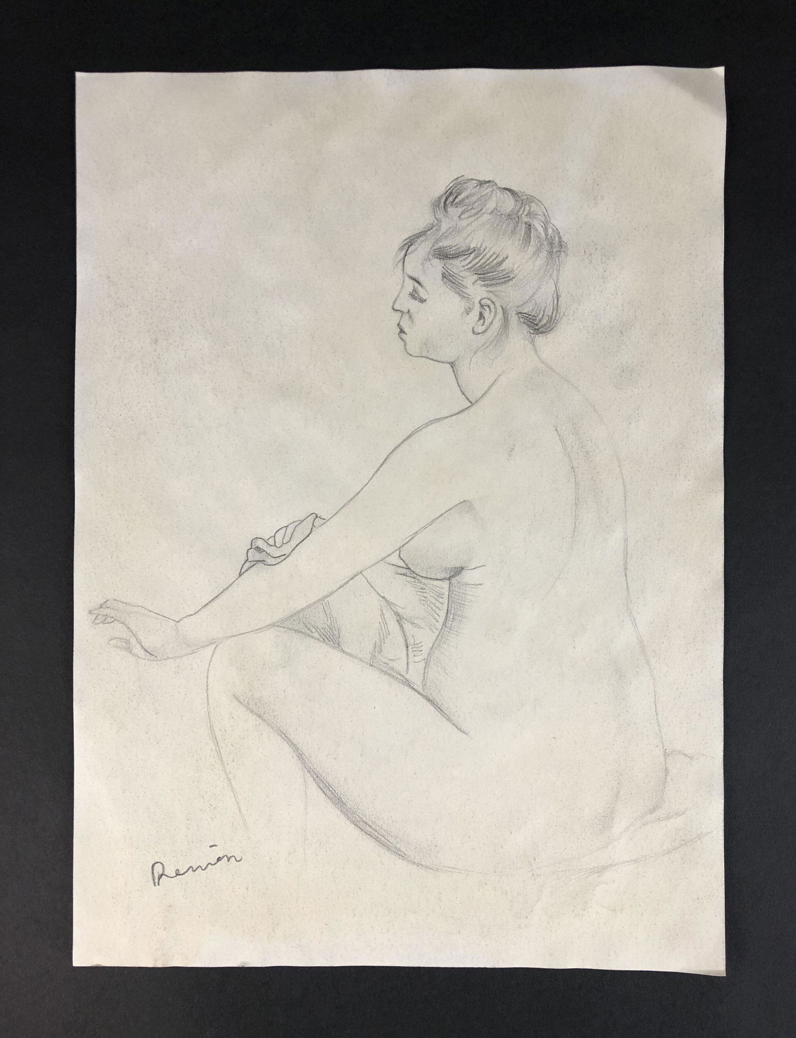 Auguste Renoir (French, 1841-1919) - Graphite on Paper: This lot consists of a small unframed oil painting on board, done in the painterly, Impressionist style of Pierre-Auguste Renoir (French, 1841-1919). This beautifully detailed image depicts the nude f