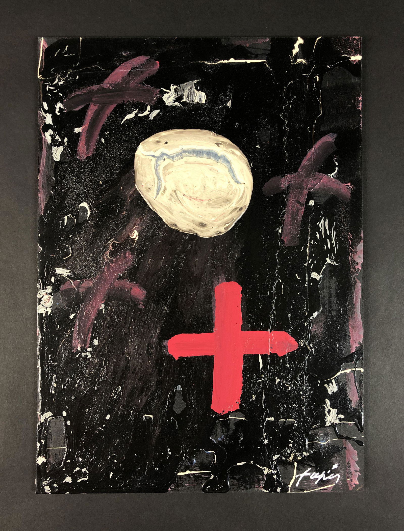 Antoni Tapies (Spanish, 1923-2012) - Acrylic on Board: This lot consists of an acrylic painting on board, done in the Art Informel style of Antoni Tapies (Spanish, 1923-2012). This stark image depicts a pool of milky paint and a vibrant red cross, both dr