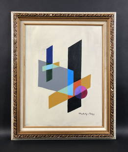 Laszlo Moholy-Nagy (Hungarian, 1895-1946) - Oil on: This lot consists of a framed oil painting on canvas, done in the strong constructivist style of Laszlo Moholy-Nagy (Hungarian, 1895-1946). Image depicts a bold arrangement of dark and fluorescent rec