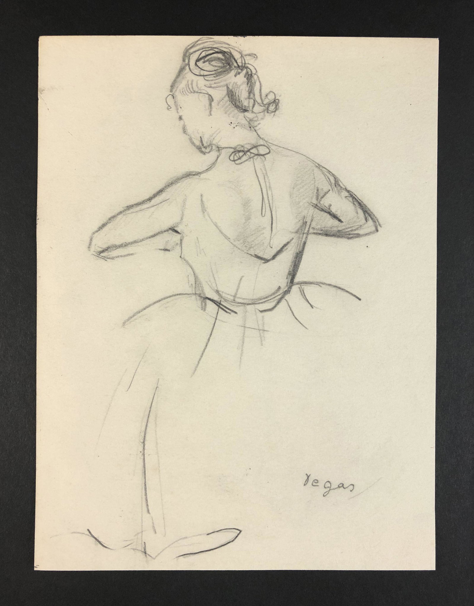 Edgar Degas (French, 1834-1917) - Graphite Drawing: This lot consists of a graphite illustration on paper, done in the soft, tasteful style of Edgar Degas (French, 1834-1917). "Degas" is written by hand at bottom. This delightful, sketched image depict
