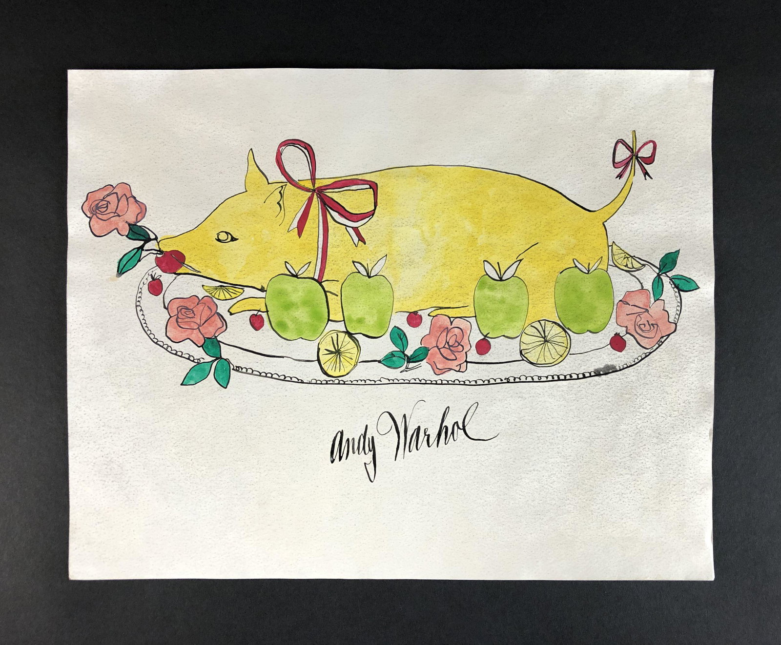 Andy Warhol (American, 1928-1987) - Mixed Media Drawing: This lot consists of a mixed media illustration on paper, executed in the pop art style of Andy Warhol (American, 1928-1987). A hand inscription at center reads "Andy Warhol". Image depicts a pig on a
