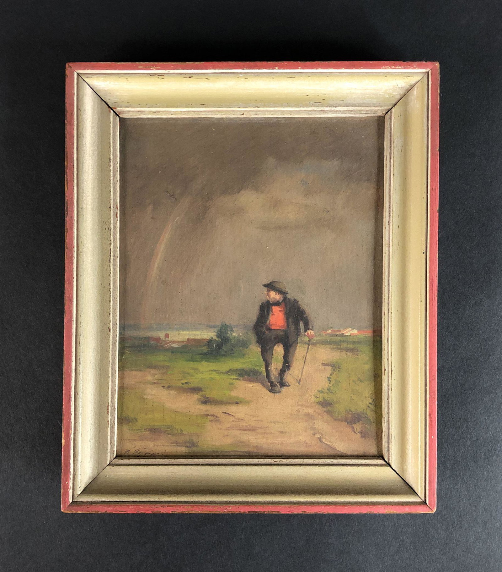 Unknown Artist - Romantic Modernist Oil Painting on: This charming lot consists of a framed oil painting on board, done in a German Romantic, modernist style. Image depicts a bow-legged gentleman strolling down a dirt lane, turning to look behind him at