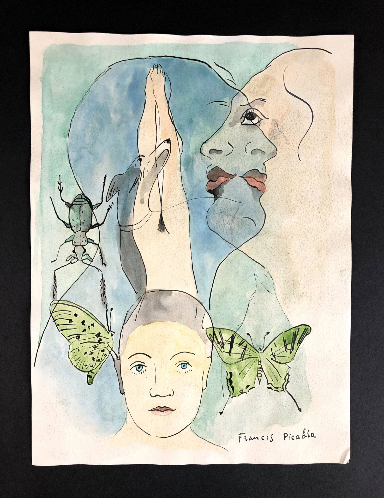 Francis Picabia (French, 1879-1953) - Mixed Media on: This lot consists of an unframed ink and watercolor illustration on paper, done in the more modern, Dada style of Francis Picabia (French, 1879-1953). A handwritten inscription at bottom right corner 