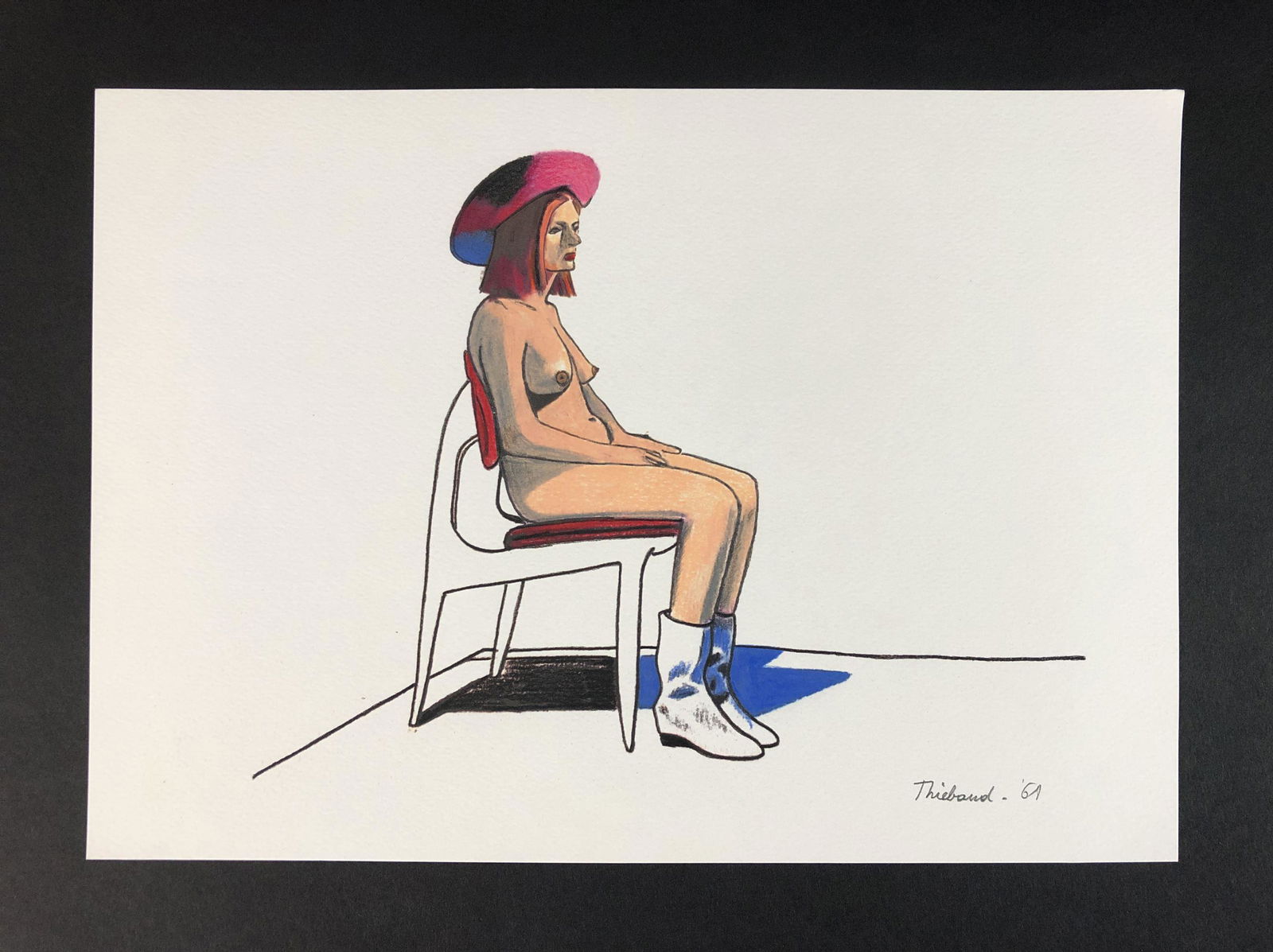 Modern Art Drawing -- Mixed Media on Paper: This lot consists of an ink and colored pencil illustration on paper, done in the modern art style. This bold and colorful piece depicts a red-haired woman seated in a sleek, white chair. She is compl