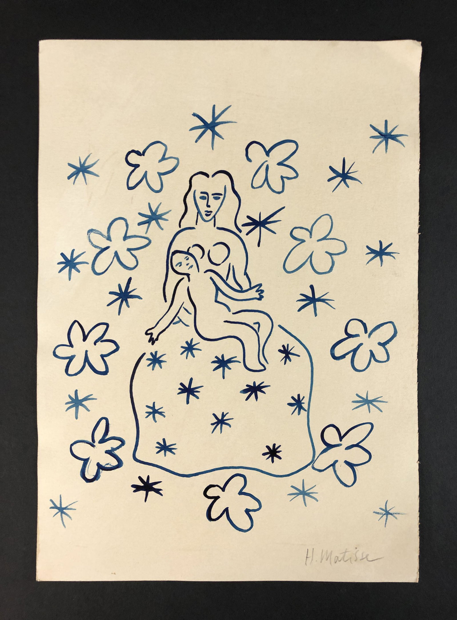 Henri Matisse (French, 1869-1954) - Watercolor on Paper: This lot consists of a blue watercolor illustration on paper, rendered in the modern style of Fauvist painter Henri Matisse (French, 1869 -1954). "H. Matisse" is written in graphite at lower right. Im