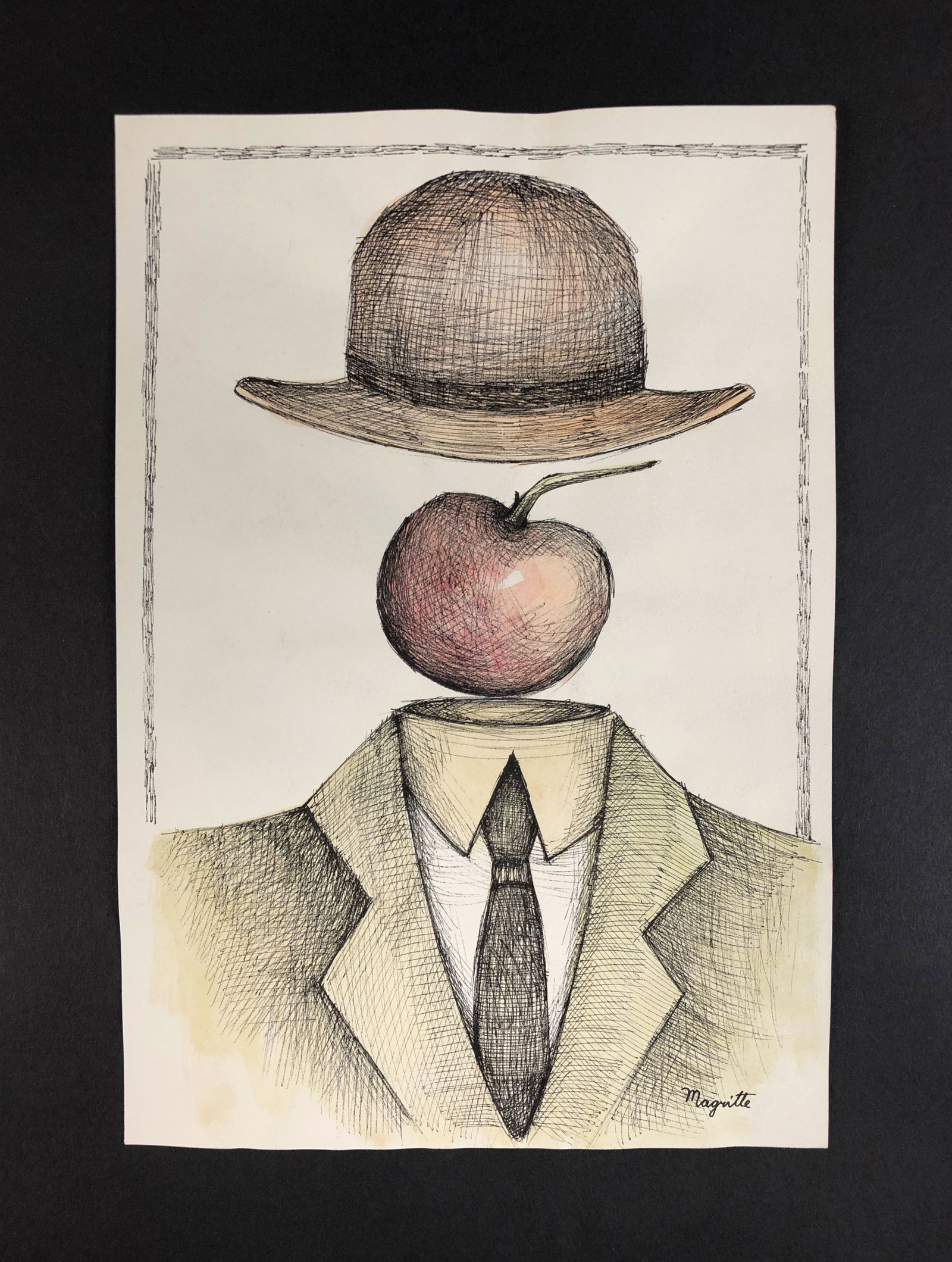 Rene Magritte (Belgian, 1898-1967) - Mixed Media on: This lot consists of an ink and watercolor illustration on paper, done in the Surrealist style of Rene Magritte (Belgian, 1898-1967). Image depicts a man dressed in a suit, with an apple where his hea