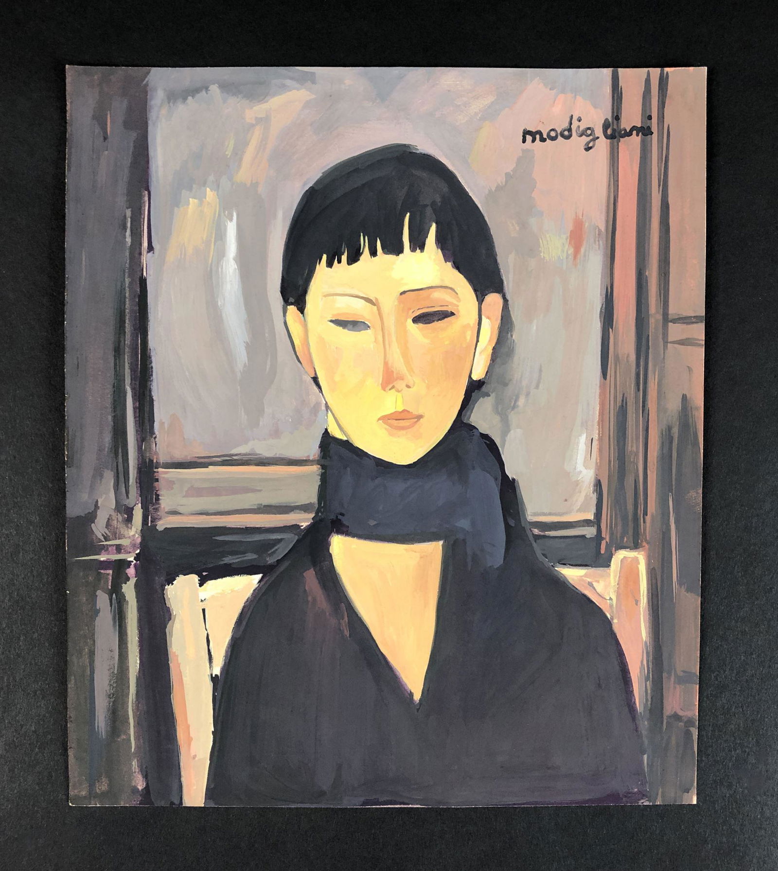 Amedeo Modigliani (Italian, 1884-1920) - Gouache on: This lot consists of an unframed gouache on paper, rendered in the modern style of artist Amedeo Modigliani (Italian, 1884-1920). "Modigliani" is hand-written at top right. Image depicts a young woman
