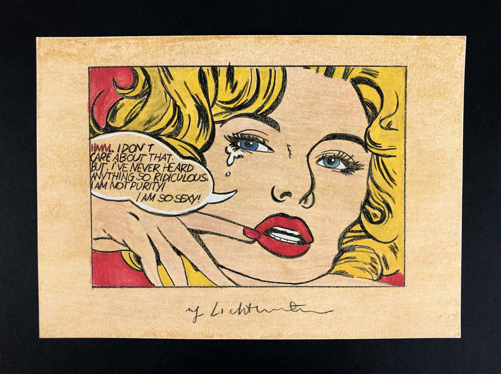 Roy Lichtenstein (American, 1923-1997) - Mixed Media on: This lot consists of a colored pencil and gouache illustration on paper, executed in the pop art style of modern artist Roy Lichtenstein (American, 1923-1997). "Roy Lichtenstein" is inscribed at the b