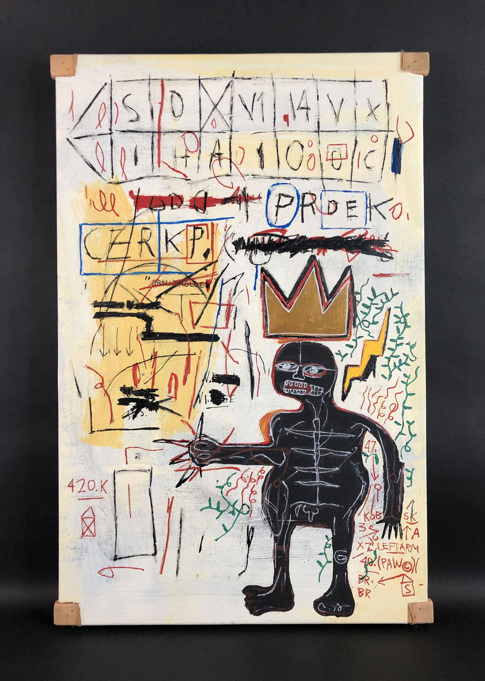 Jean-Michel Basquiat (American, 1960-1988) - Acrylic on: This lot consists of an unframed acrylic painting on canvas, done in the graffiti art style of Jean-Michel Basquiat (American, 1960-1988). Image depicts a crowned, skeletal figure against a stark whit