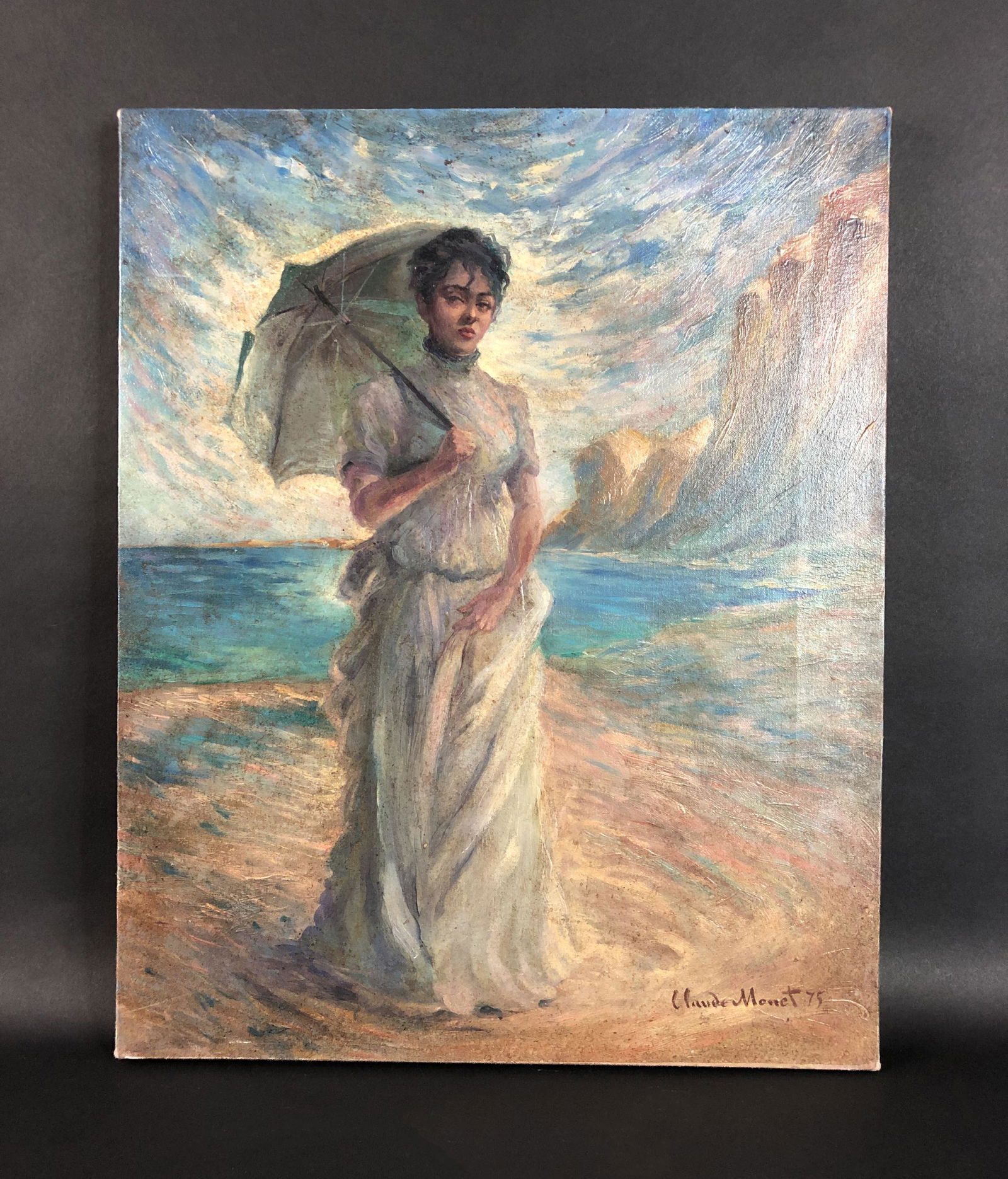 Claude Monet (French, 1840-1926) - Oil on Canvas: This lot consists of an unframed painting on canvas, done in the shimmering, Impressionistic style of Claude Monet (French, 1840-1926). "Claude Monet" is hand painted at lower right. Awash in tones of