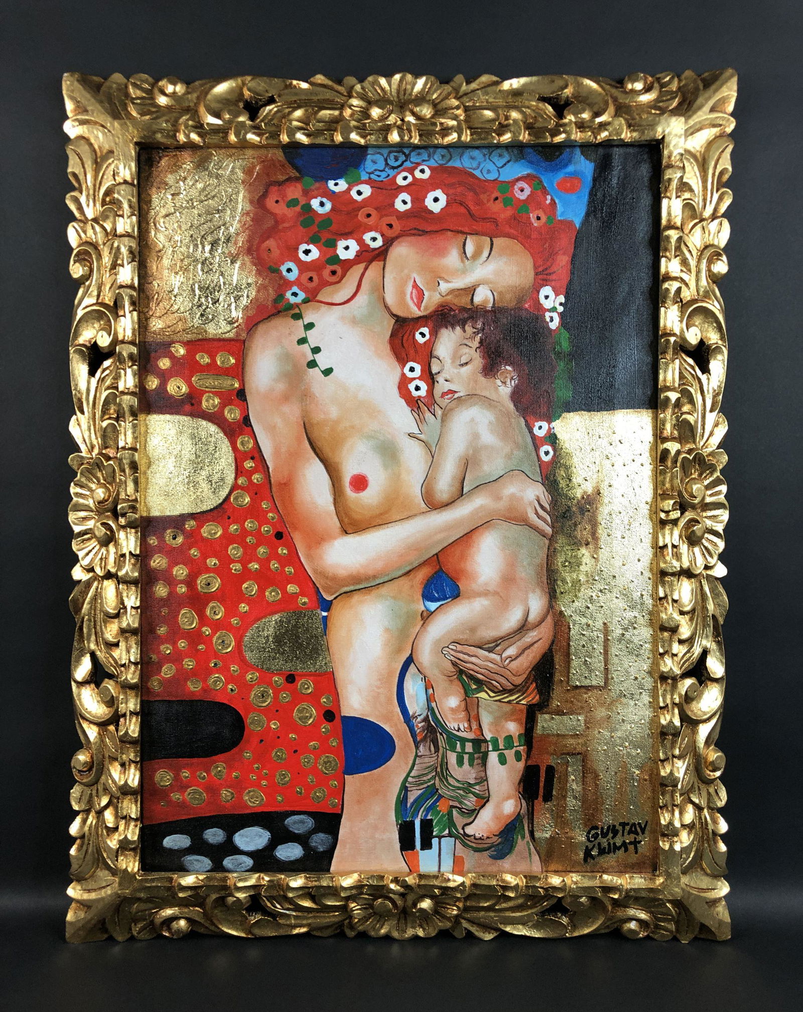 Gustav Klimt (Austrian, 1862-1918) - Oil Painting: This lot consists of an oil painting on canvas, done in the sensuous Art Nouveau style of Gustav Klimt (Austrian, 1862-1918). Inscription at lower right reads, "Gustav Klimt". Image depicts an otherwo