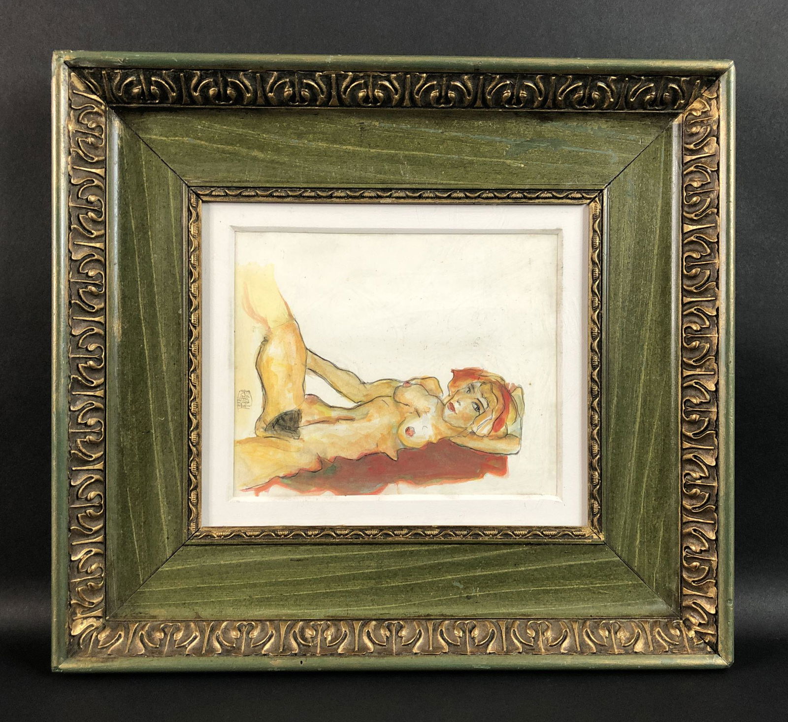 Egon Schiele (1890-1918) - Mixed Media on Paper: This lot consists of a framed graphite and watercolor illustration on paper, done in the sensual, Art Nouveau style of Egon Schiele (Austrian, 1890-1918). "Egon Schiele 1917" is inscribed at lower cen