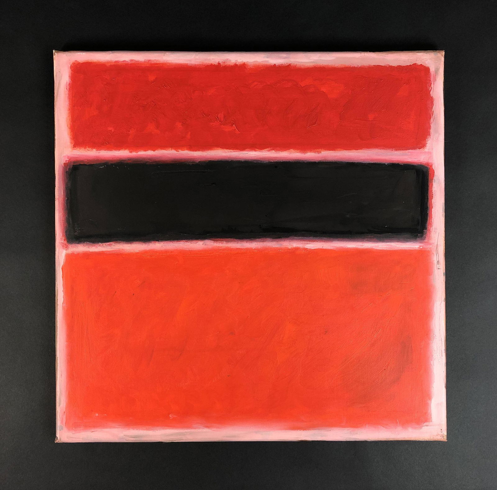 Mark Rothko (American, 1903 -1970) -- Oil Painting: This lot consists of an oil painting on canvas, done in the style of modern artist Mark Rothko (American, 1903-1970). "Mark Rothko" is hand-written en verso along with the date "1955". This bold, colo
