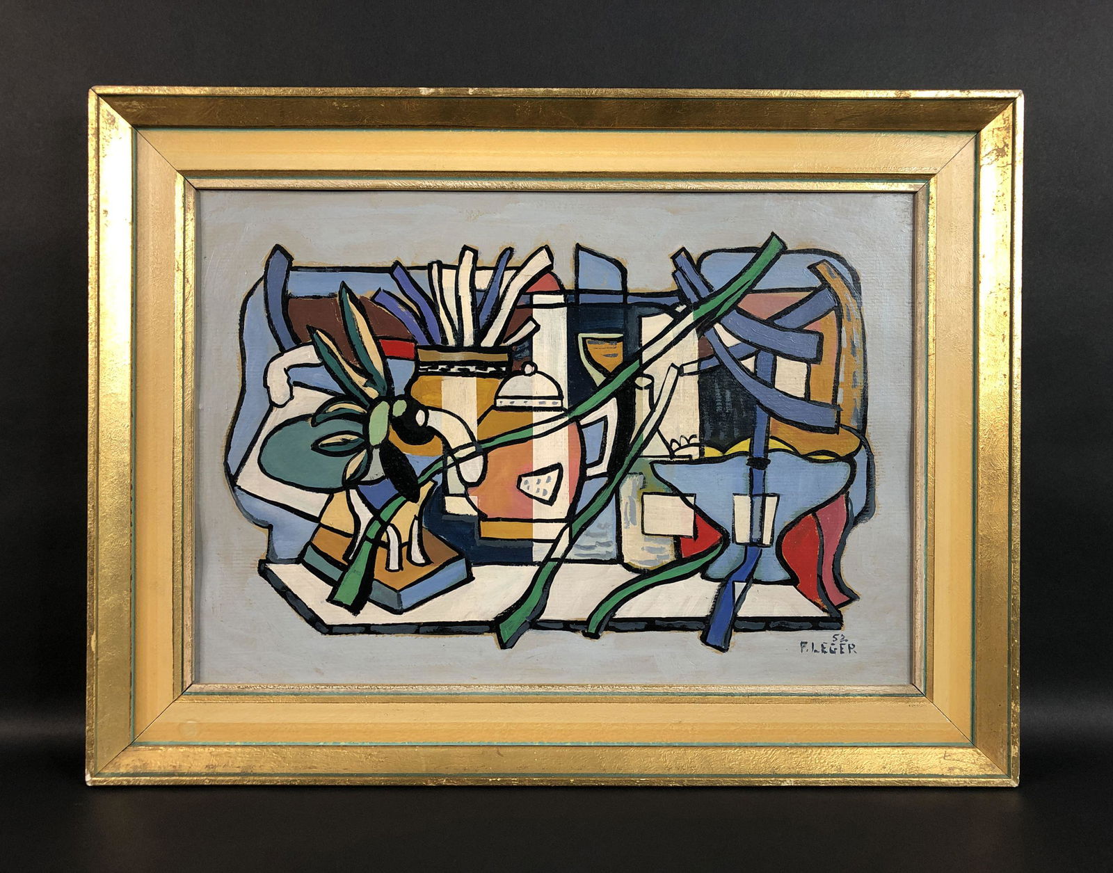 Fernand Leger (French, 1881-1955) - Oil Painting: This lot consists of a framed oil painting on thin board, done in the bold style of modernist painter Fernand Leger (French, 1881-1955). "F. Leger" is inscribed by hand at lower right along with "52".
