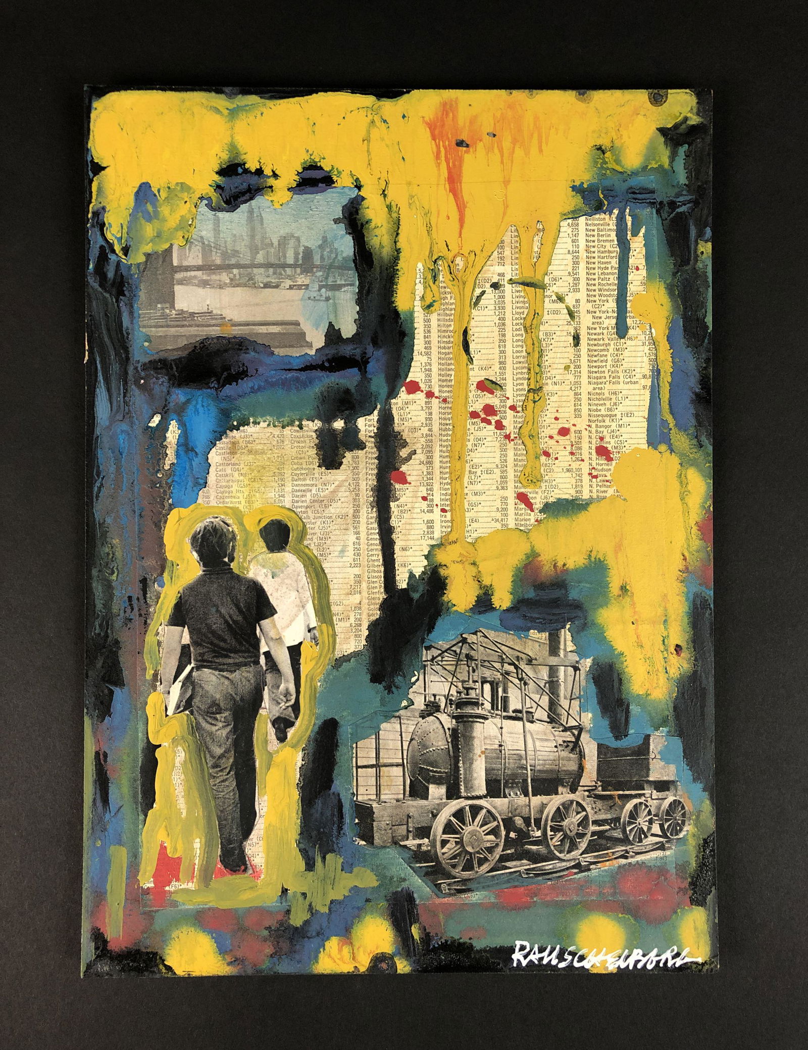 Robert Rauschenberg (American, 1925-2008) - Mixed Media: This lot consists of a paper and acrylic collage on board, done in the Postmodernist style of Robert Rauschenberg (American, 1925-2008). Image depicts a modern scene (trains, crowds, and sprawling urb