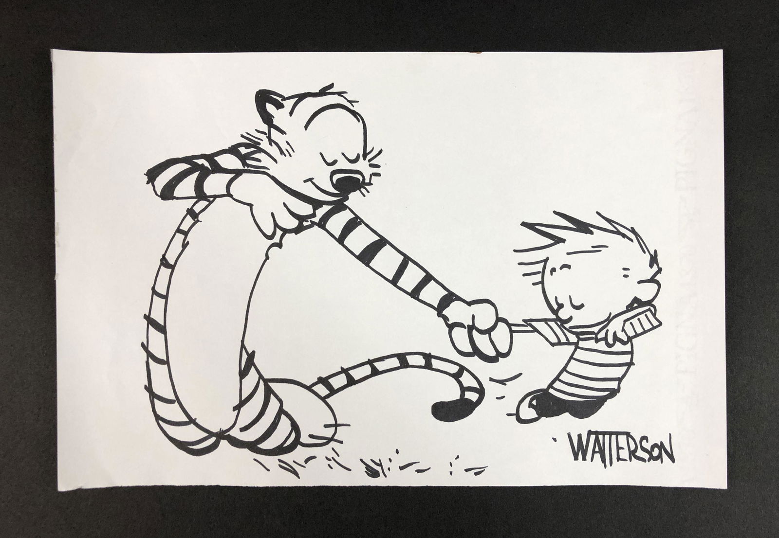 Bill Watterson (American, 1958 - ) - Ink on Paper: This lot consists of an ink illustration on paper, done in the distinctive cartoon style of Bill Watterson (American, 1958 - ). Handwritten ink inscription at bottom right reads, "Watterson". This cha