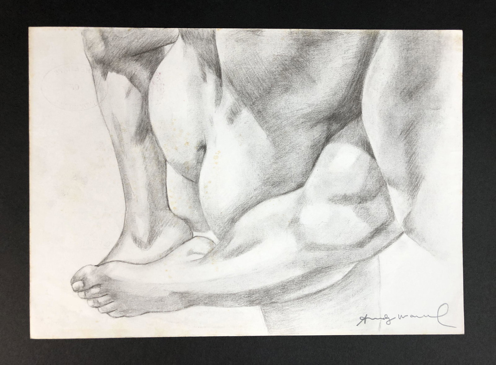 Andy Warhol (American, 1928-1987) - Graphite on Paper: This lot consists of a graphite illustration on paper, done in the Pop Art style of Andy Warhol (American, 1928-1987). Image depicts an up-close image of two intertwined, muscular bodies; the subjects