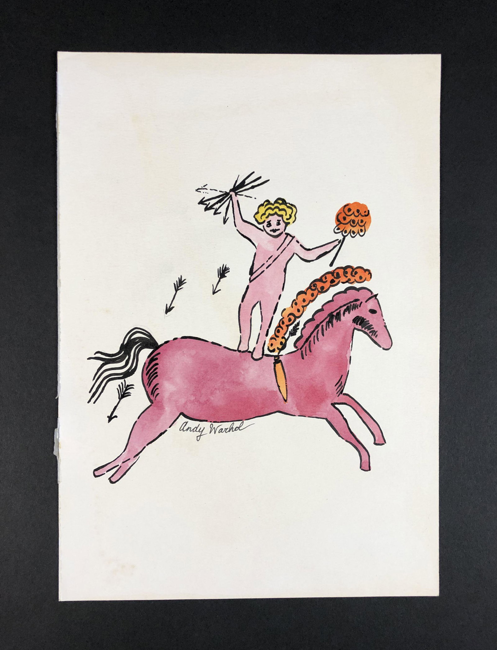 Andy Warhol (American, 1928-1987) - Mixed Media: This lot consists of an ink and watercolor illustration on paper, done in the Pop Art style of Andy Warhol (American, 1928-1987). "Andy Warhol" is inscribed in ink at bottom. This modern art image dep