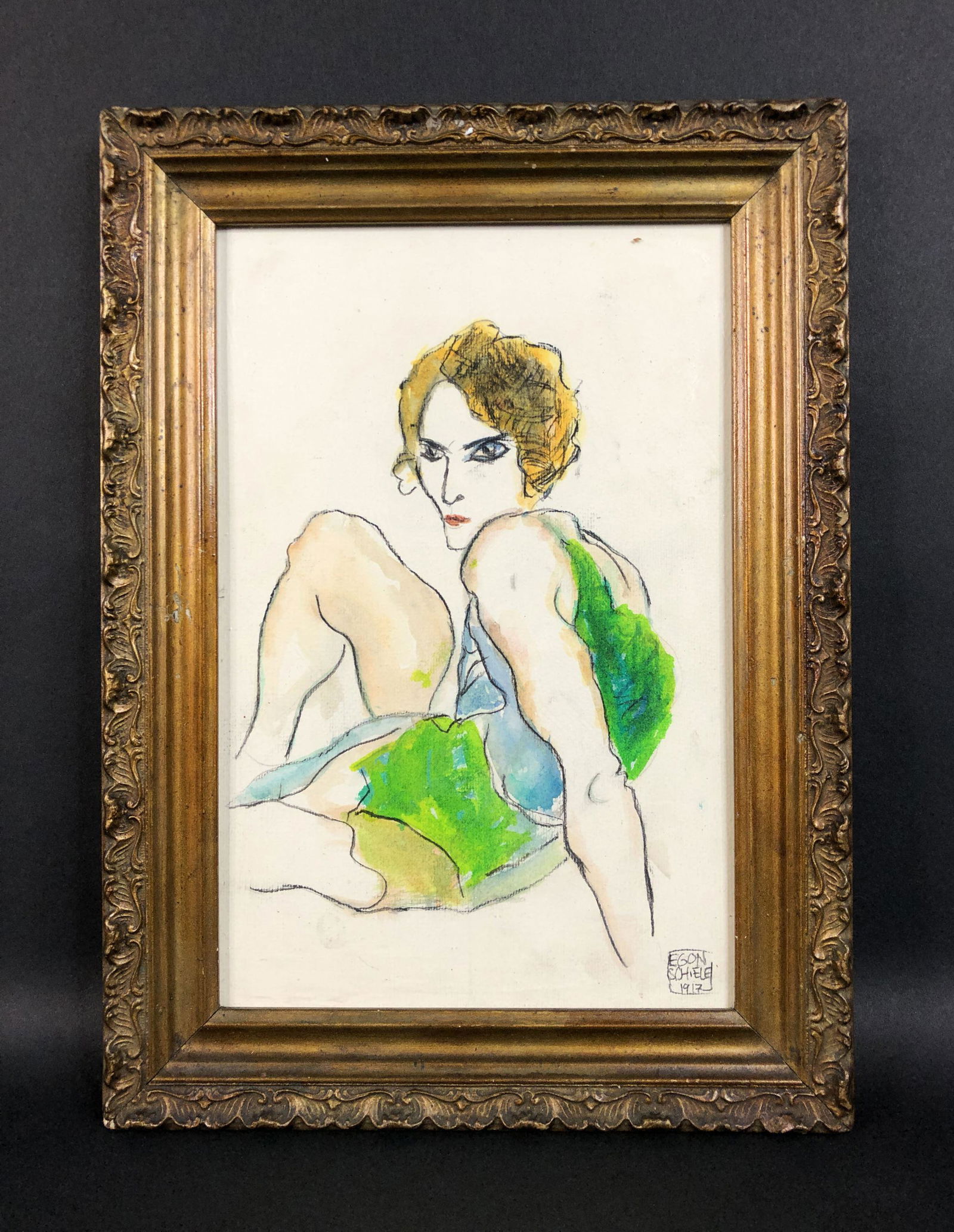 Egon Schiele (1890-1918) - Mixed Media on Paper: This lot consists of a framed graphite and watercolor illustration on paper, done in the sensual, Art Nouveau style of Egon Schiele (Austrian, 1890-1918). "Egon Schiele 1917" is inscribed at lower lef