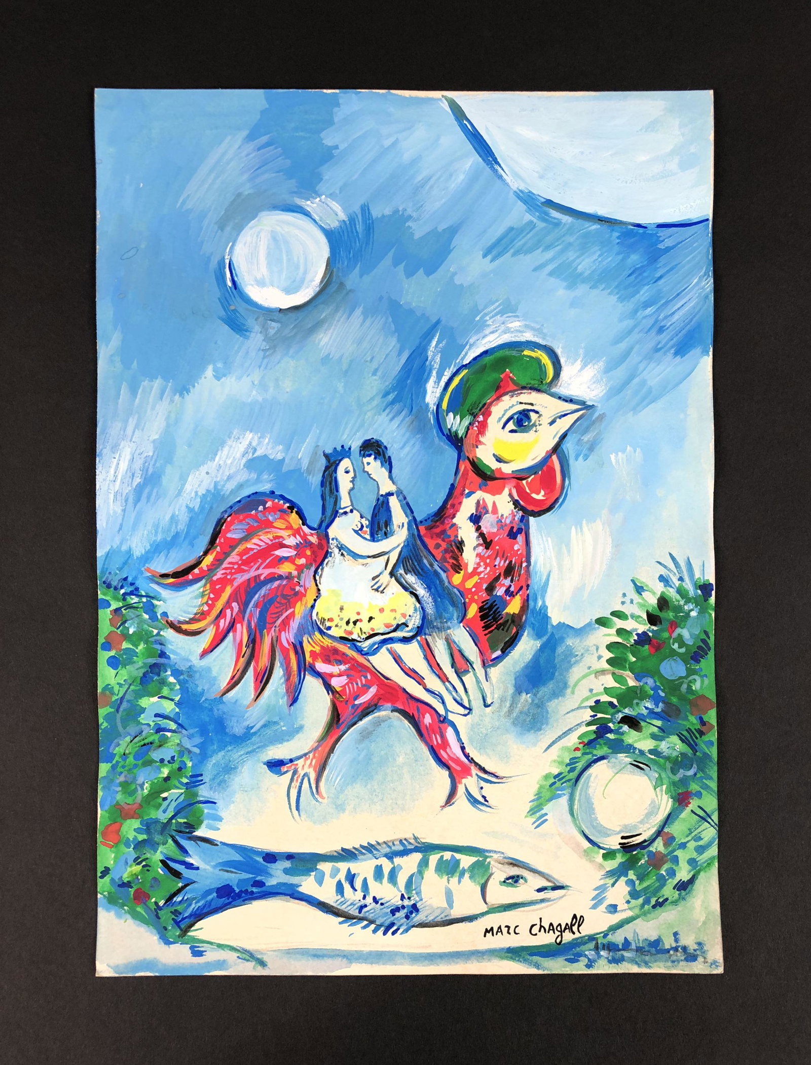 Marc Chagall (French, 1887-1985) - Gouache on Paper: This lot consists of a gouache illustration on paper, done in the modern art style of Marc Chagall (French, 1887-1985). "Marc Chagall" is hand written at bottom right. In this fluid, dreamlike image, 