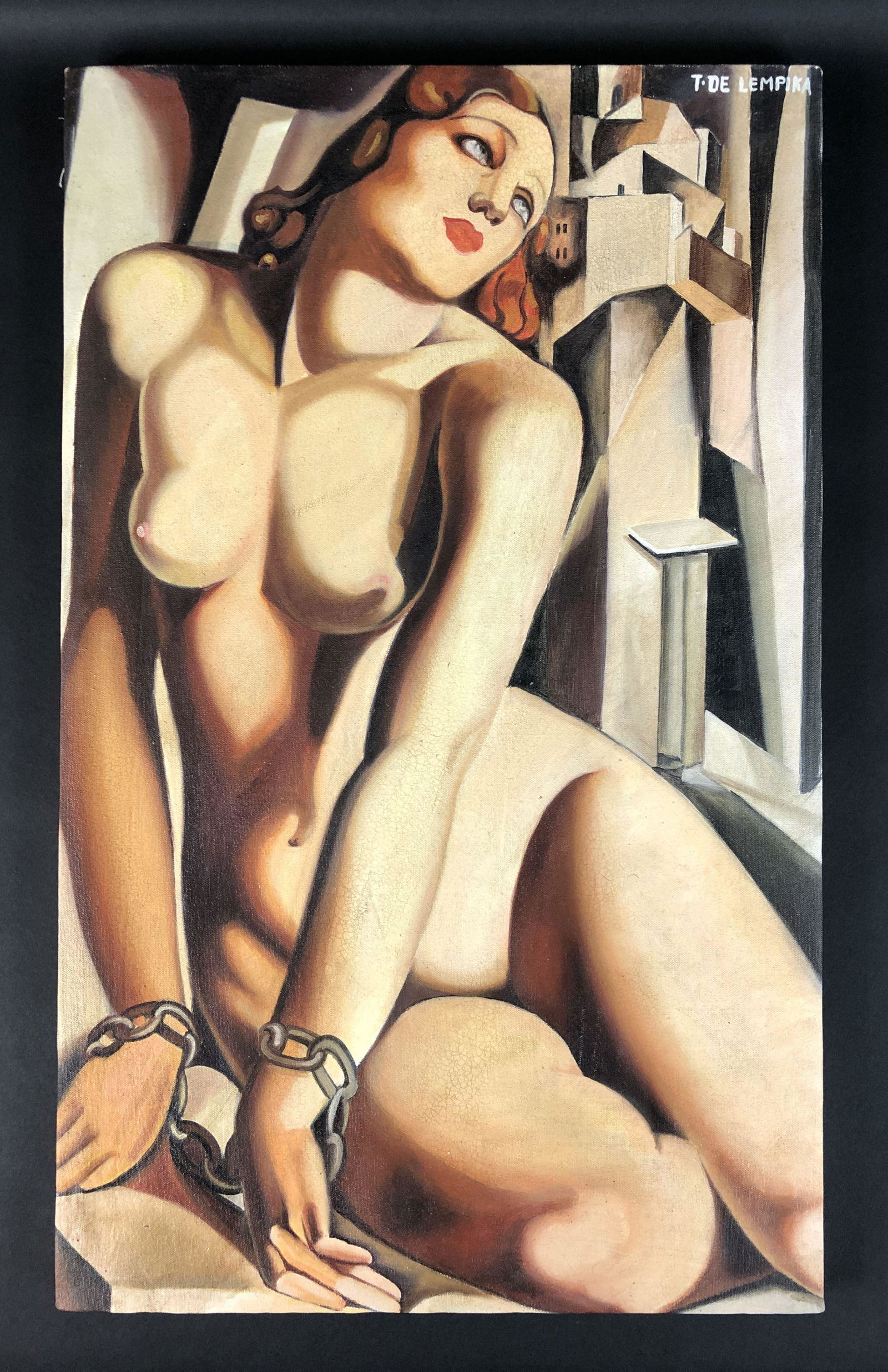 Tamara De Lempicka (1898 - 1980) - Oil Painting: This lot consists of an oil painting on canvas, executed in the modern style of Art Deco artist Tamara de Lempicka (Polish, 1898-1980). "T De Lempicka" is hand written at top right. Image depicts a nu