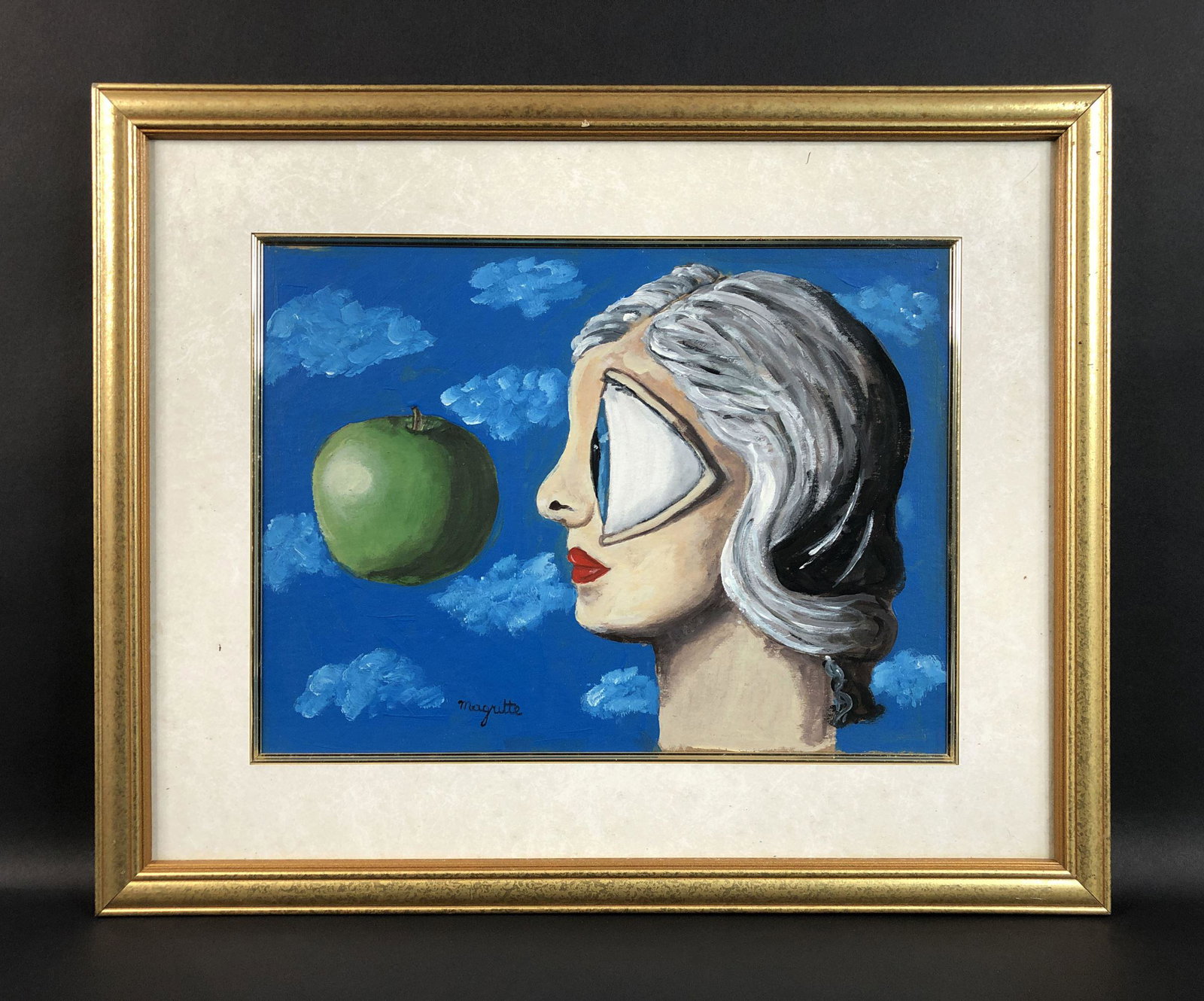 Rene Magritte (Belgian, 1898-1967) - Oil Painting: This lot consists of an oil painting on board, done in the Surrealist style of modern artist Rene Magritte (Belgian, 1898-1967). Image depicts a woman starring at the iconic apple. Handwritten inscrip