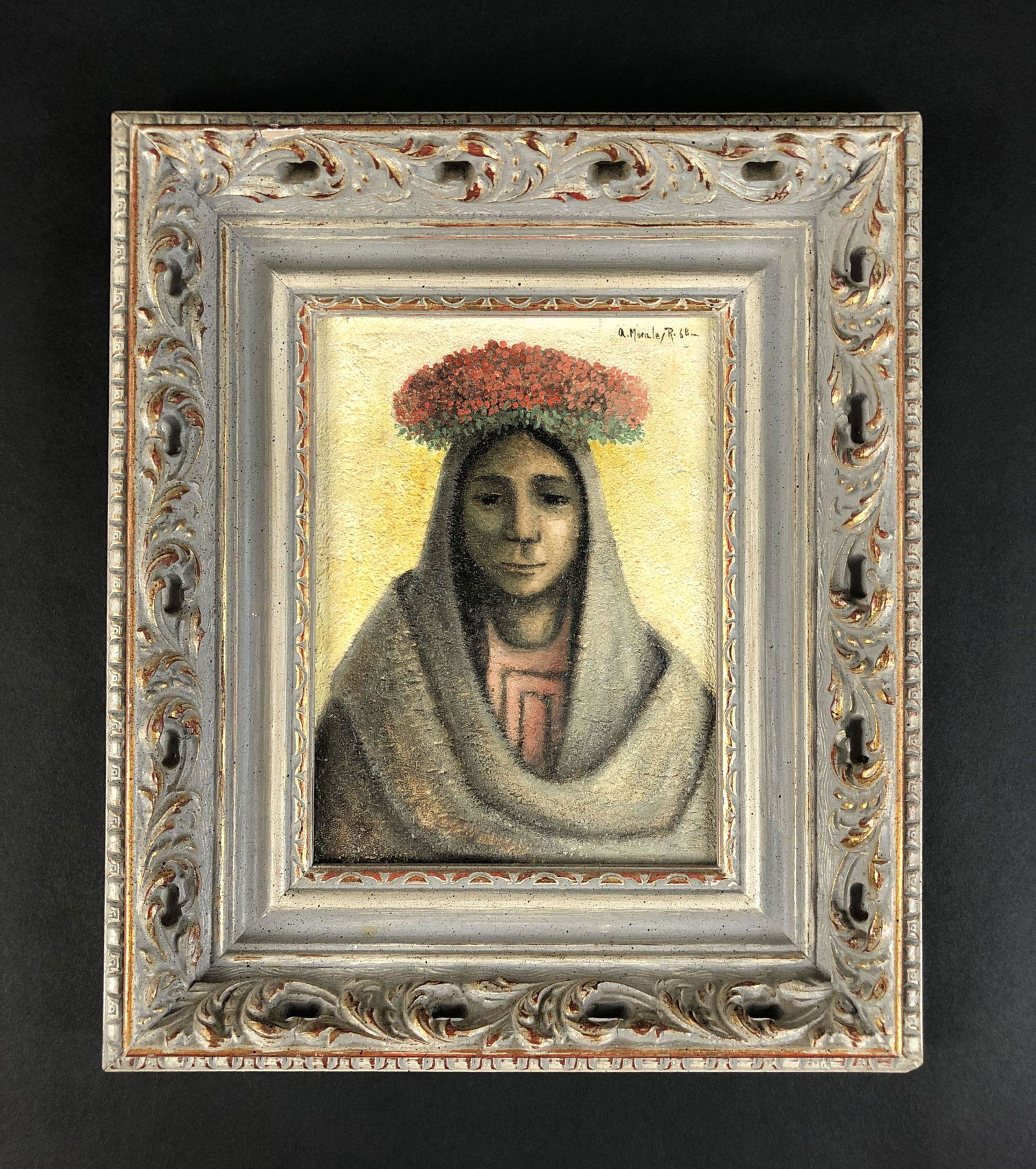 Armando Morales (Nicaraguan, 1927-2011) - Framed Oil on: This lot consists of a framed oil painting on canvas, done in the modern figurative style of Armando Morales (Nicaraguan, 1927-2011). Image depicts a humble woman with an earth-toned shawl and a crown