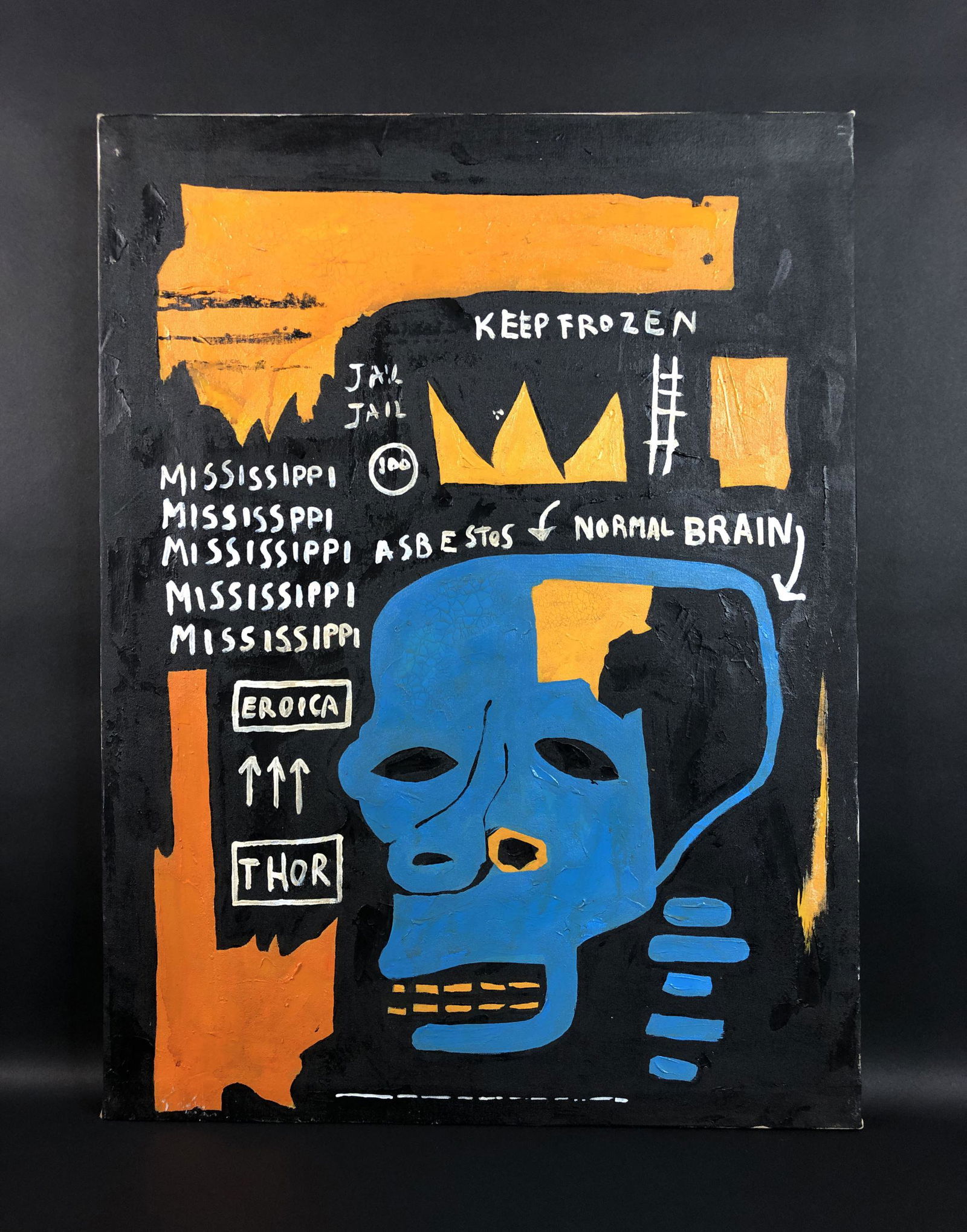 Jean-Michel Basquiat (1960-1988) - Acrylic Painting: This lot consists of an unframed acrylic painting on canvas, done in the graffiti art style of the modern street artist, Jean-Michel Basquiat (American, 1960-1988). Image depicts a skeletal figure sur