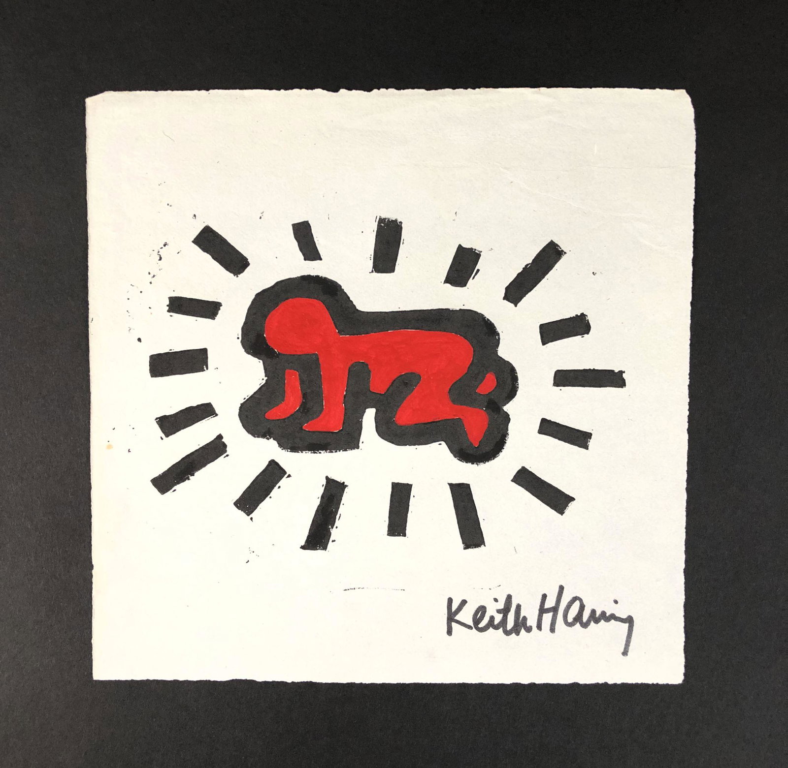Keith Haring (American, 1958 -1990) - Acrylic on Paper: This lot consists of an acrylic paint marker illustration on paper. This simple yet powerful linear depiction is executed in the contemporary, street art style of Keith Haring (American, 1958-1990). I