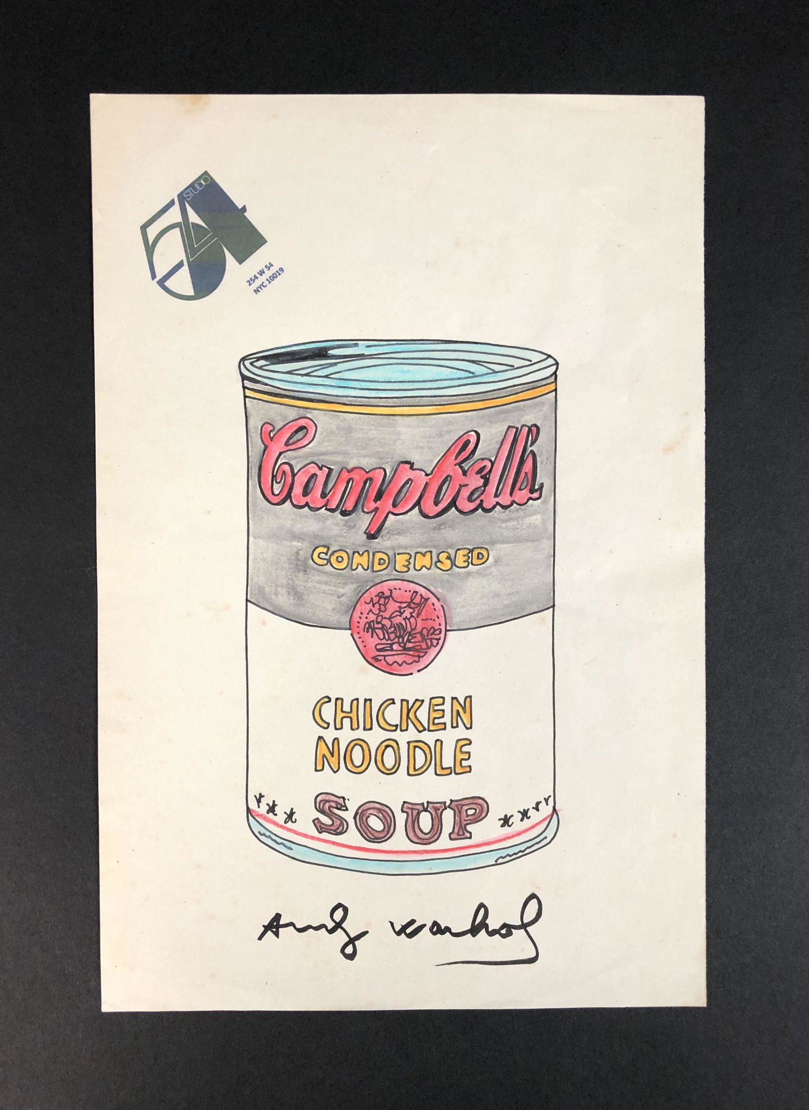 Andy Warhol (American, 1928-1987) - Mixed Media on: This lot consists of an ink and watercolor illustration on paper, done in the Pop Art style of Andy Warhol (American, 1928-1987). "Andy Warhol" is inscribed with ink at bottom. At top left, the logo a