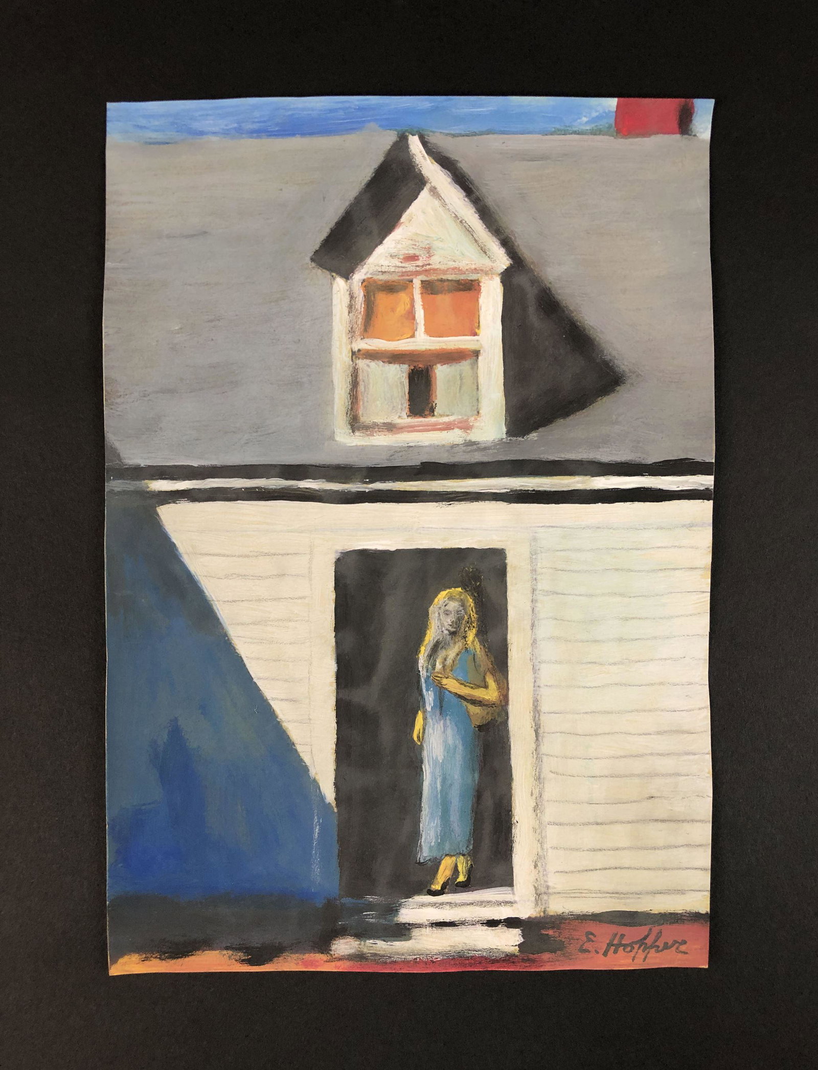 Edward Hopper (1882-1967) - Gouache on Paper: This lot consists of a gouache illustration on paper, done in the realist style of Edward Hopper (American, 1882-1967). Hand inscription at bottom right reads, "E. Hopper". Image depicts a young woman