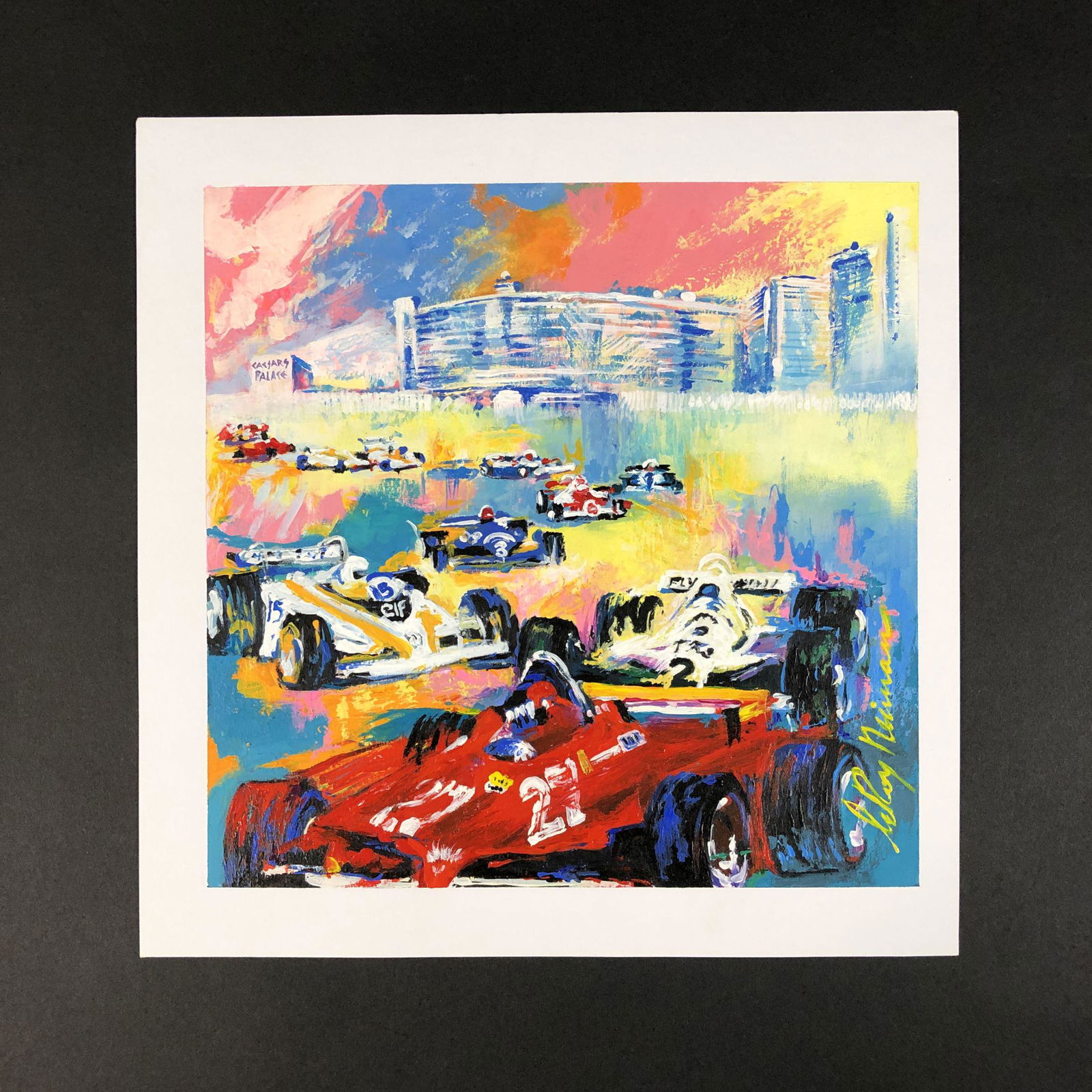 LeRoy Neiman (American, 1921-2012) - Acrylic on Paper: This lot consists of an acrylic illustration on paper, done in the Impressionist style of LeRoy Neiman (American, 1921-2012). Image depicts a stream of race cars tearing through a mirage, with the ico